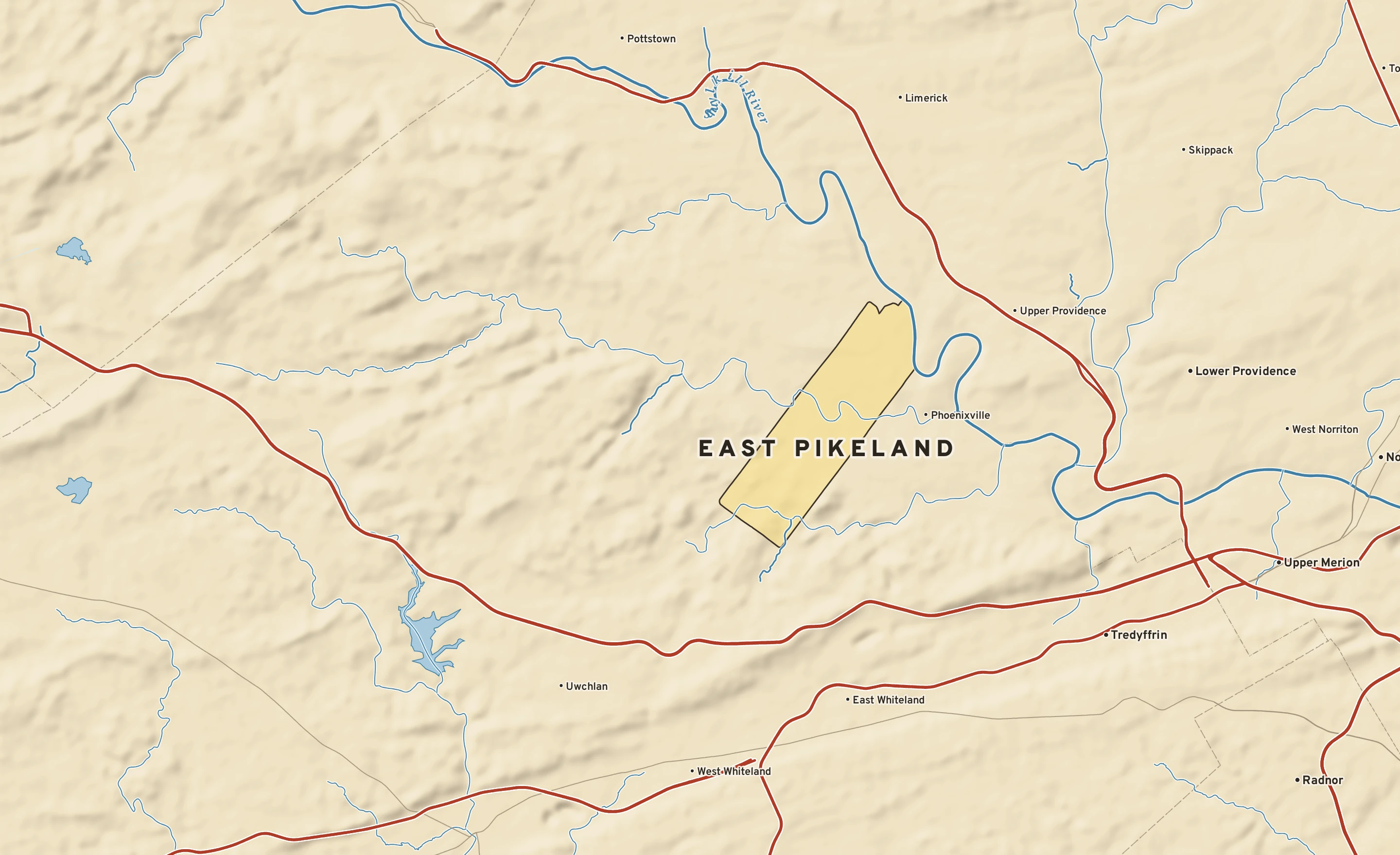 Shaded-relief atlas plate of East Pikeland, Pennsylvania: rivers, roads, the city limits and where the water drains.