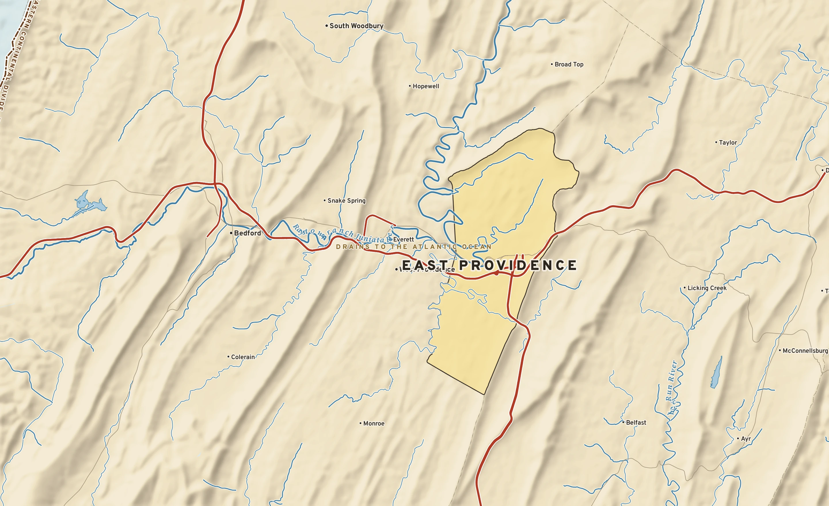 Shaded-relief atlas plate of East Providence, Pennsylvania: rivers, roads, the city limits and where the water drains.