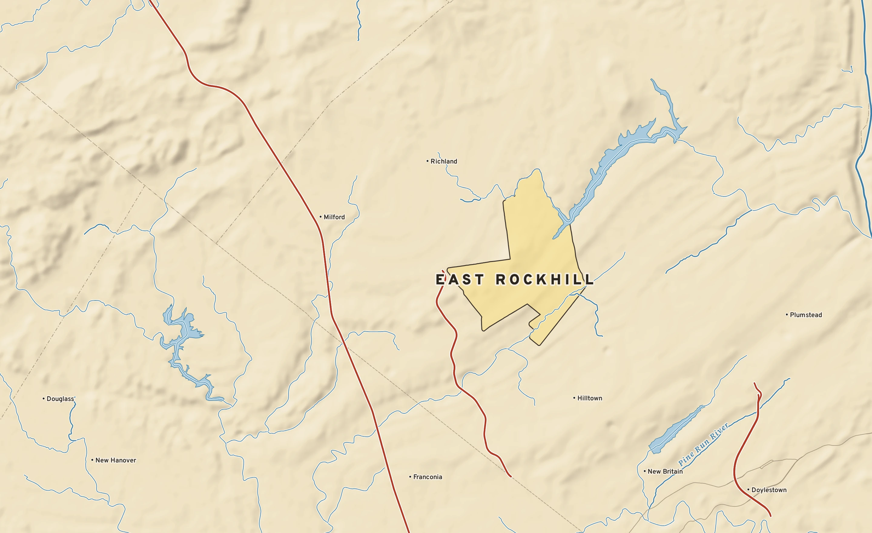 Shaded-relief atlas plate of East Rockhill, Pennsylvania: rivers, roads, the city limits and where the water drains.
