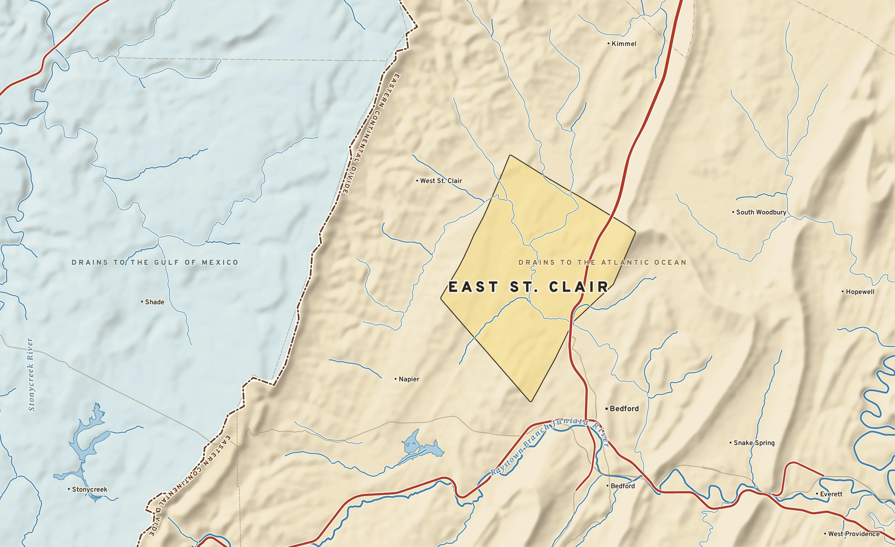 Shaded-relief atlas plate of East St. Clair, Pennsylvania: rivers, roads, the city limits and where the water drains.