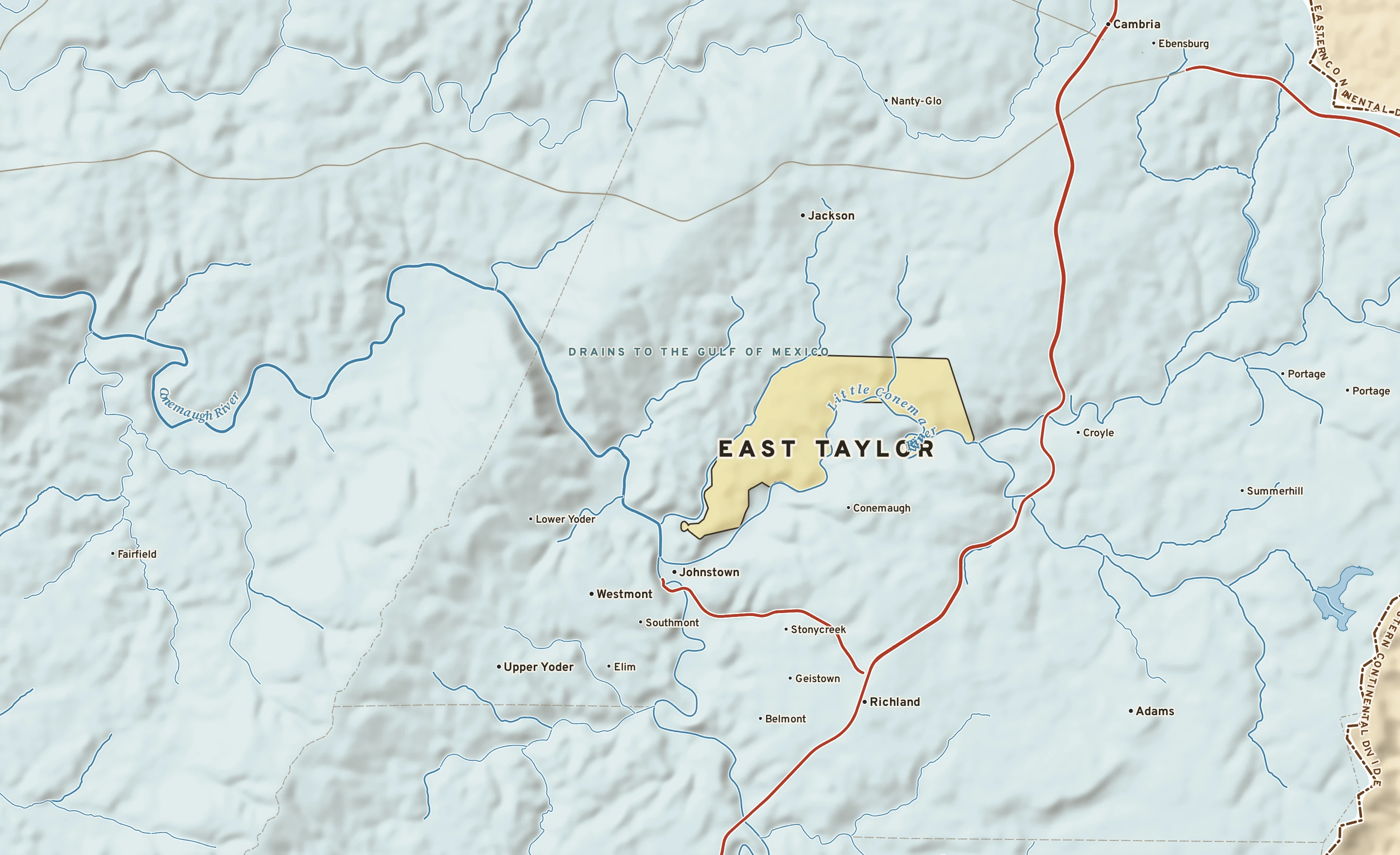 Shaded-relief atlas plate of East Taylor, Pennsylvania: rivers, roads, the city limits and where the water drains.