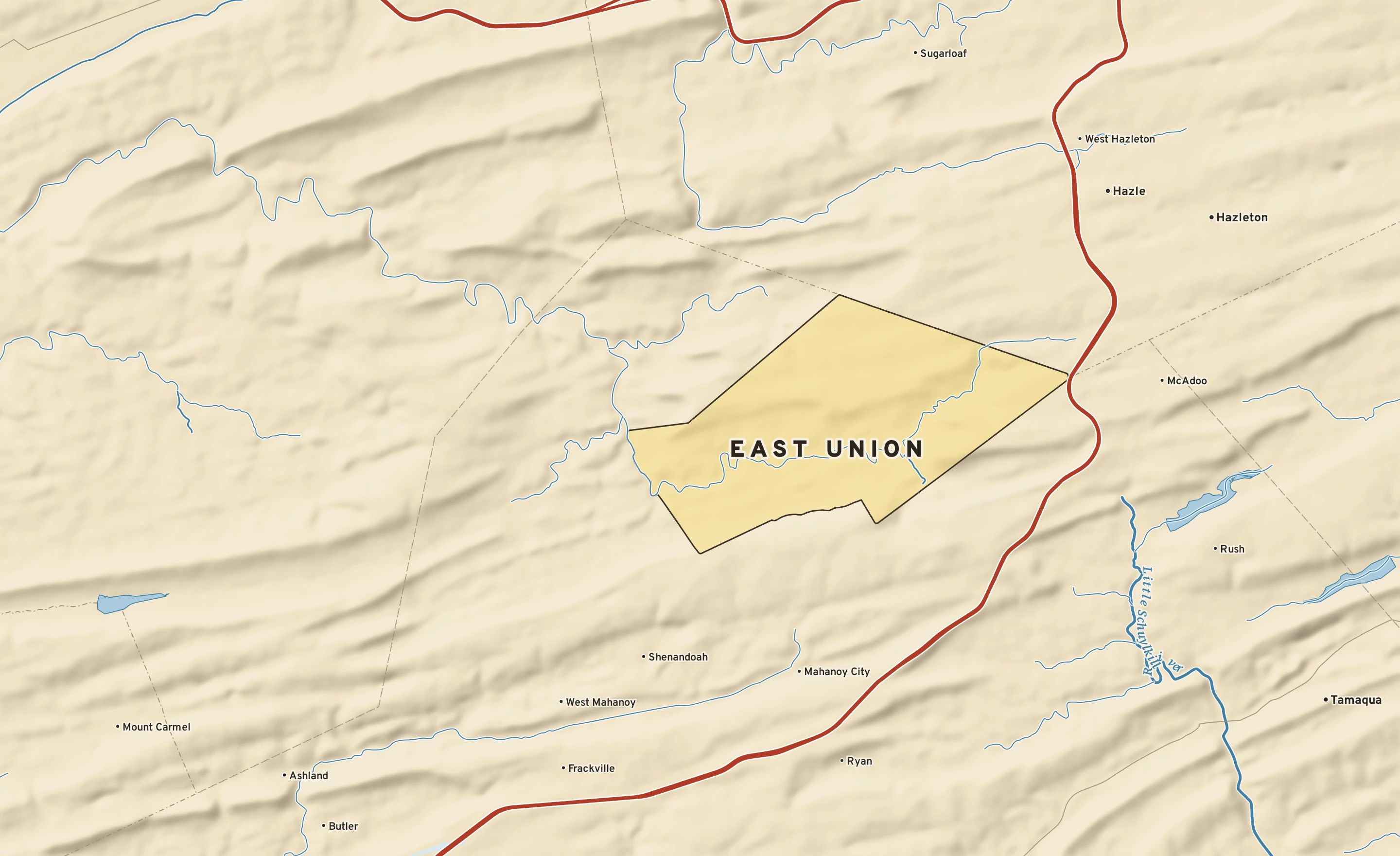 Shaded-relief atlas plate of East Union, Pennsylvania: rivers, roads, the city limits and where the water drains.