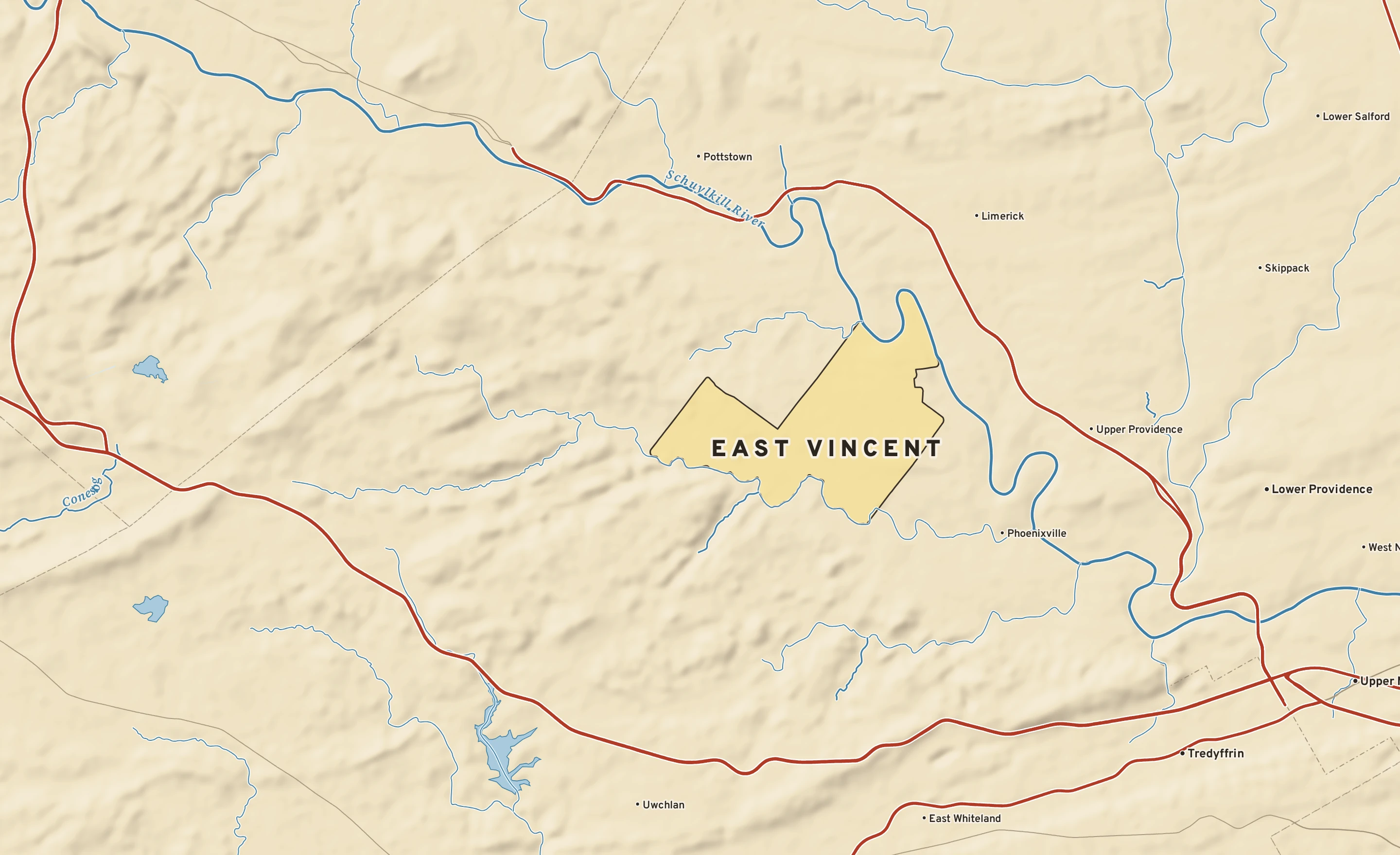 Shaded-relief atlas plate of East Vincent, Pennsylvania: rivers, roads, the city limits and where the water drains.