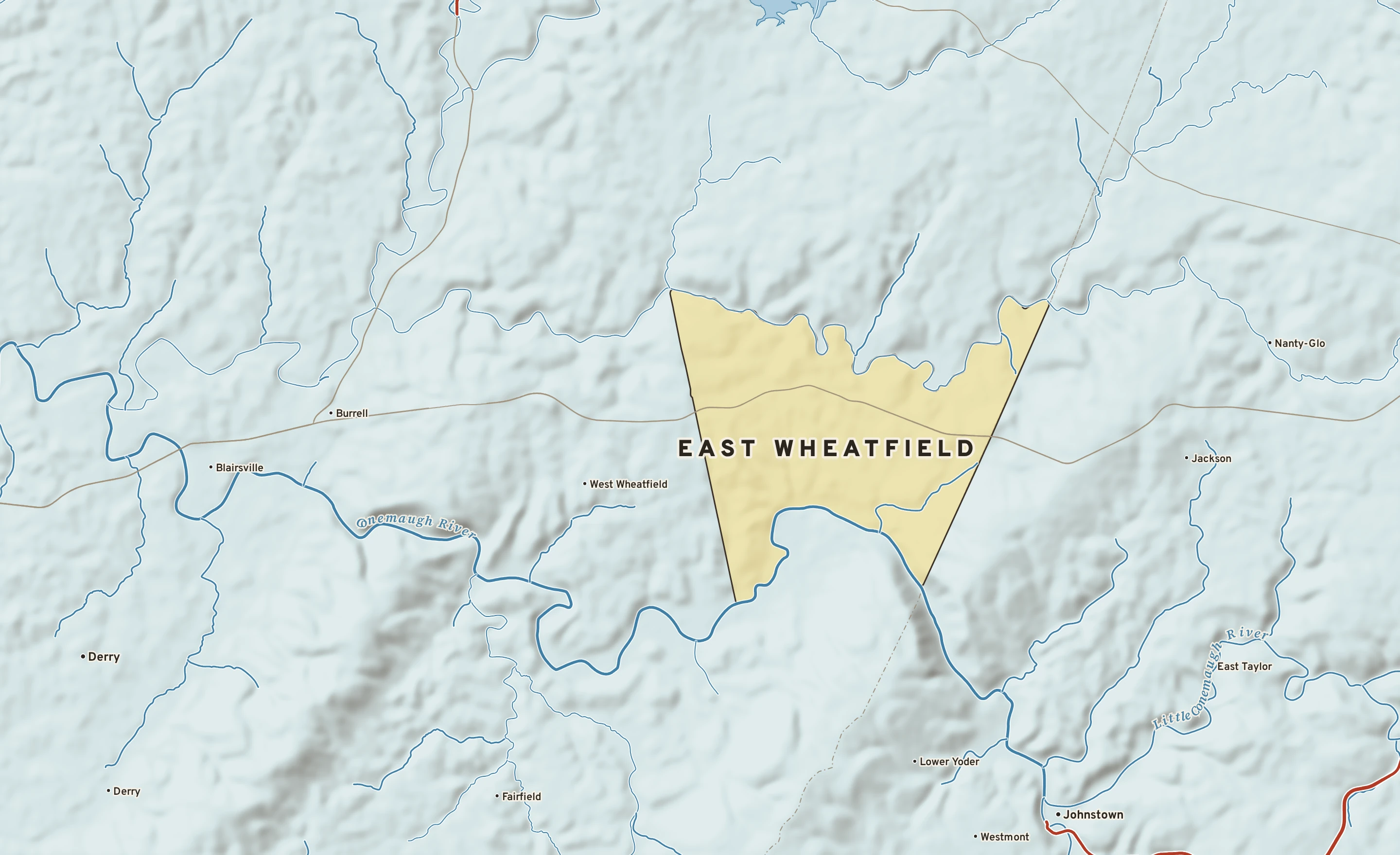 Shaded-relief atlas plate of East Wheatfield, Pennsylvania: rivers, roads, the city limits and where the water drains.