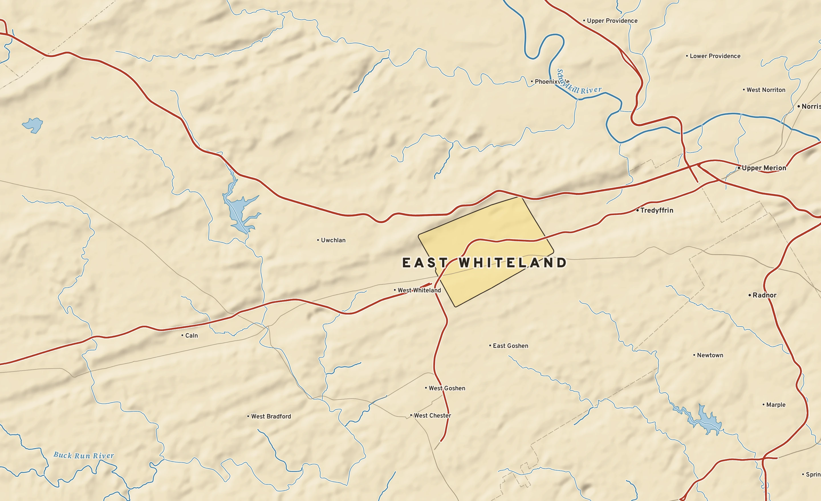 Shaded-relief atlas plate of East Whiteland, Pennsylvania: rivers, roads, the city limits and where the water drains.