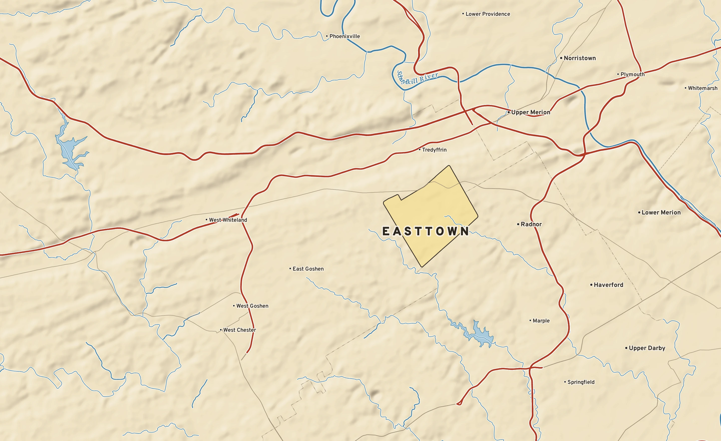 Shaded-relief atlas plate of Easttown, Pennsylvania: rivers, roads, the city limits and where the water drains.