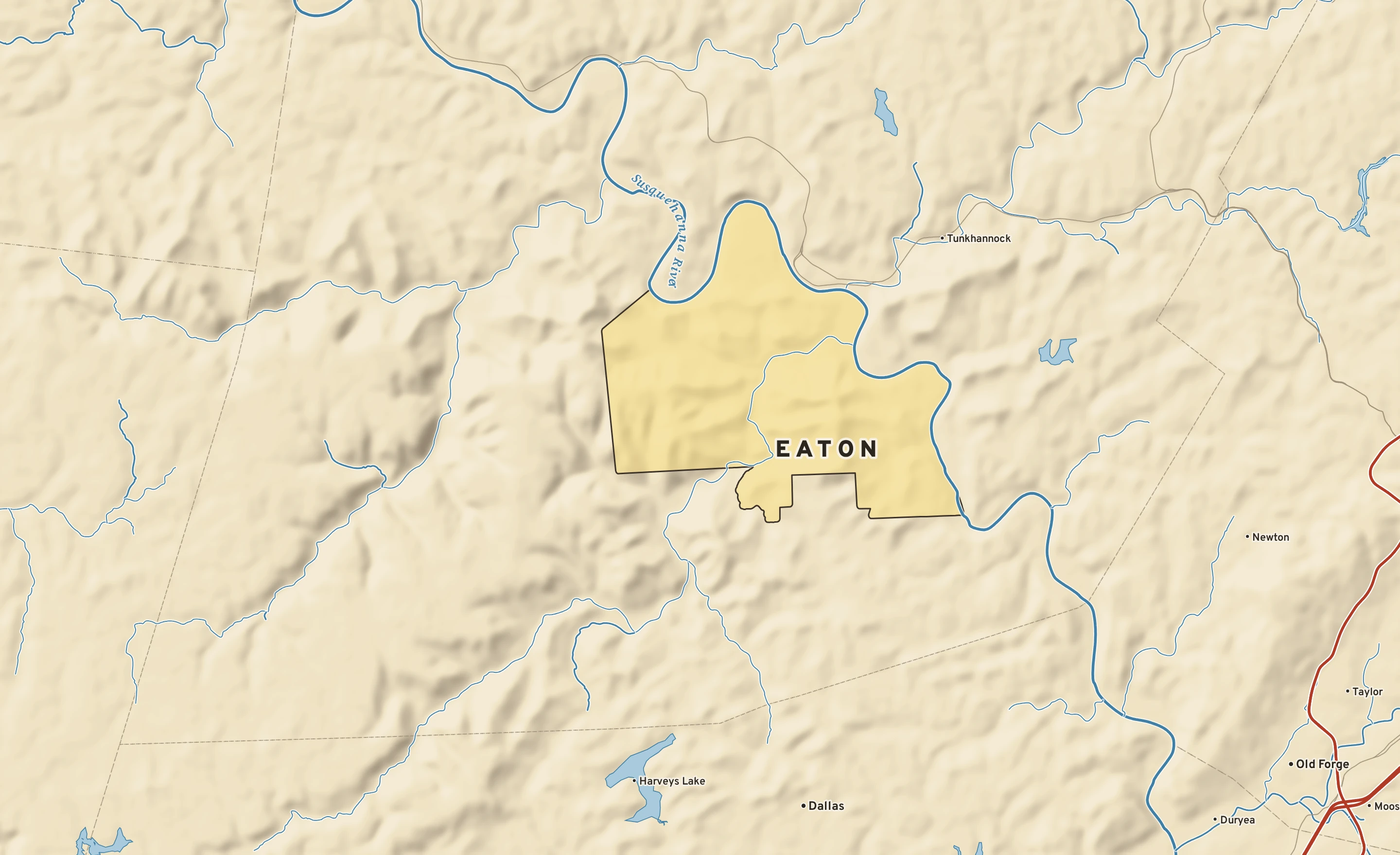Shaded-relief atlas plate of Eaton, Pennsylvania: rivers, roads, the city limits and where the water drains.