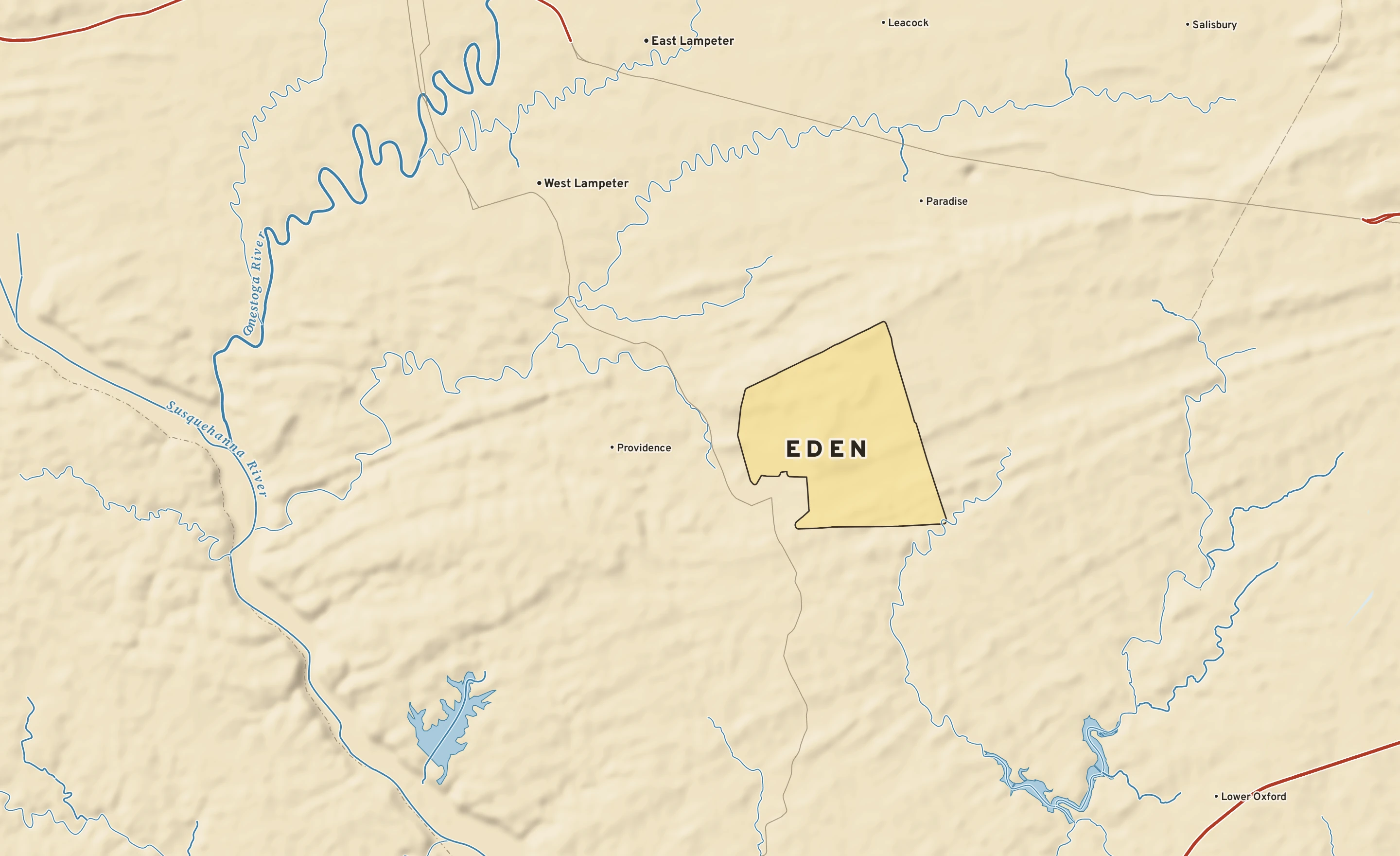Shaded-relief atlas plate of Eden, Pennsylvania: rivers, roads, the city limits and where the water drains.