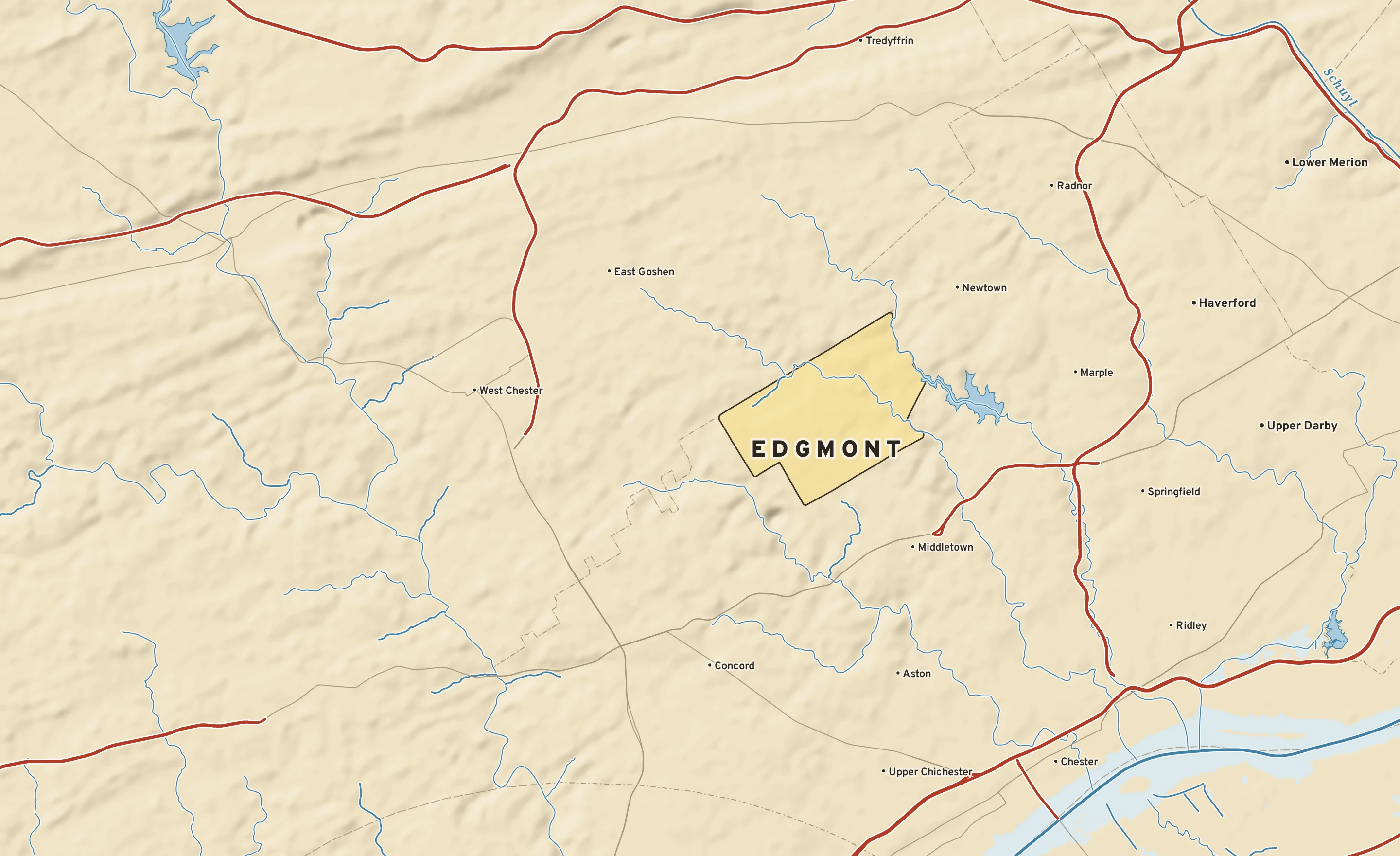 Shaded-relief atlas plate of Edgmont, Pennsylvania: rivers, roads, the city limits and where the water drains.