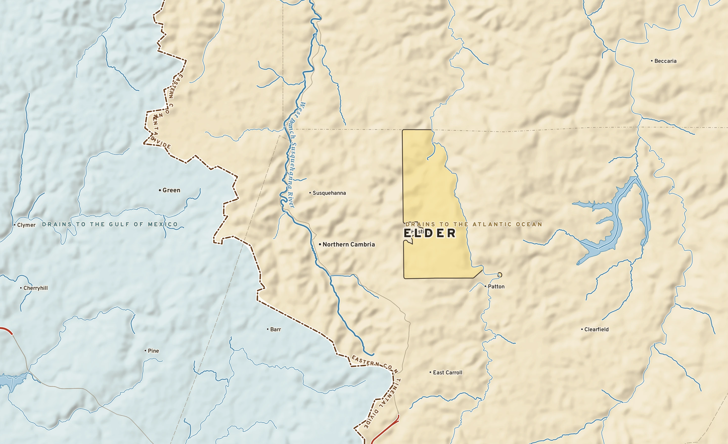Shaded-relief atlas plate of Elder, Pennsylvania: rivers, roads, the city limits and where the water drains.