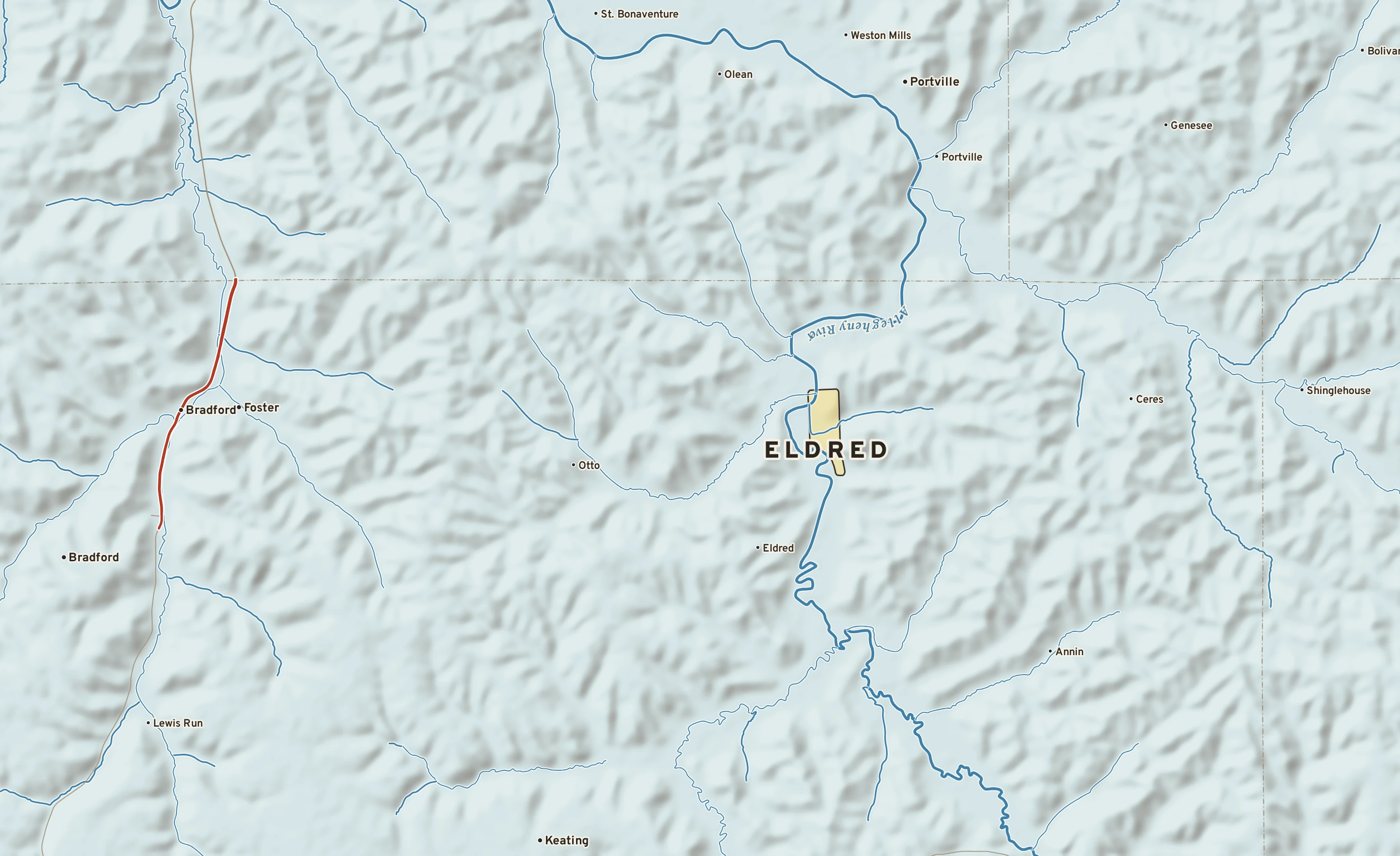 Shaded-relief atlas plate of Eldred, Pennsylvania: rivers, roads, the city limits and where the water drains.