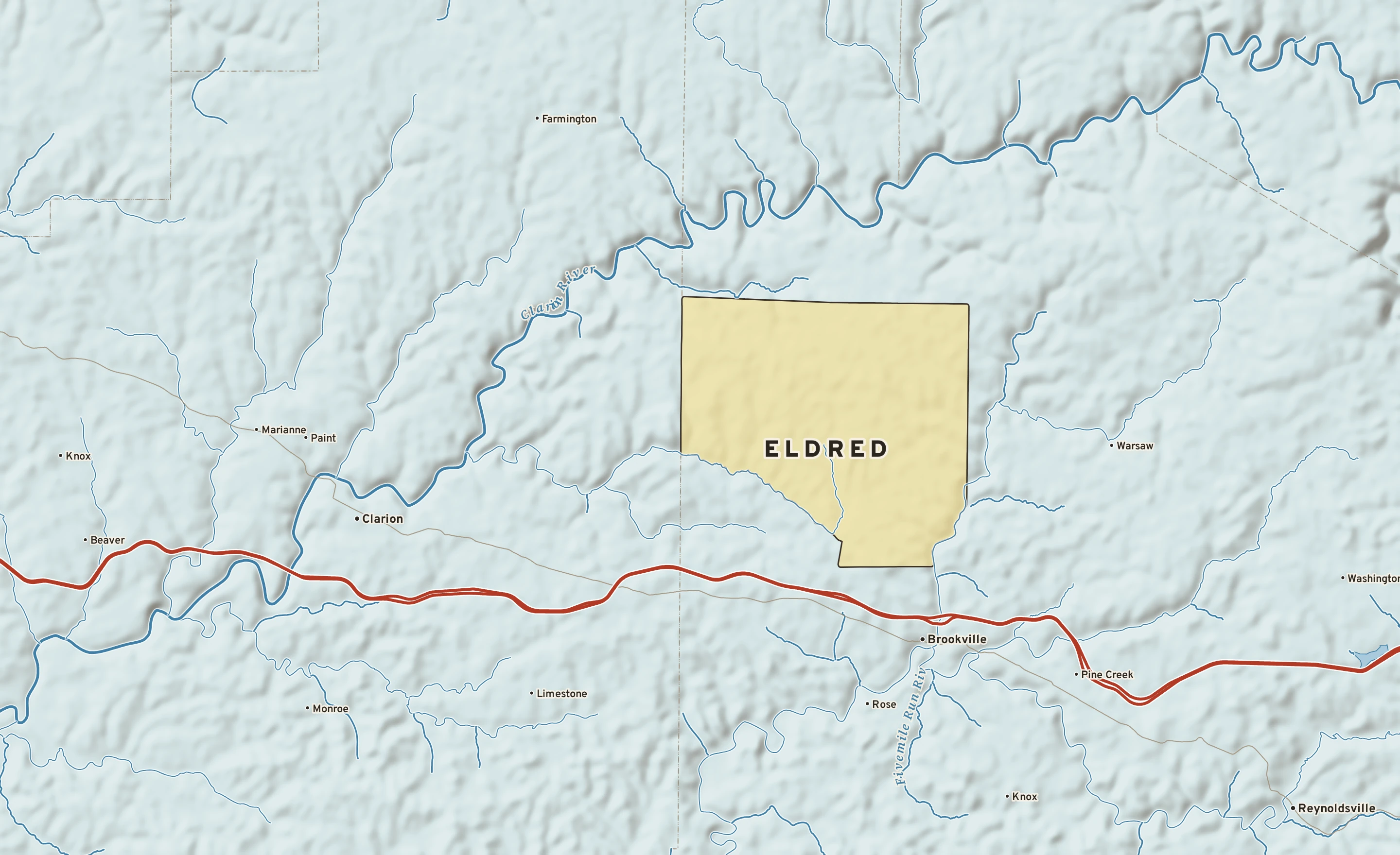 Shaded-relief atlas plate of Eldred, Pennsylvania: rivers, roads, the city limits and where the water drains.