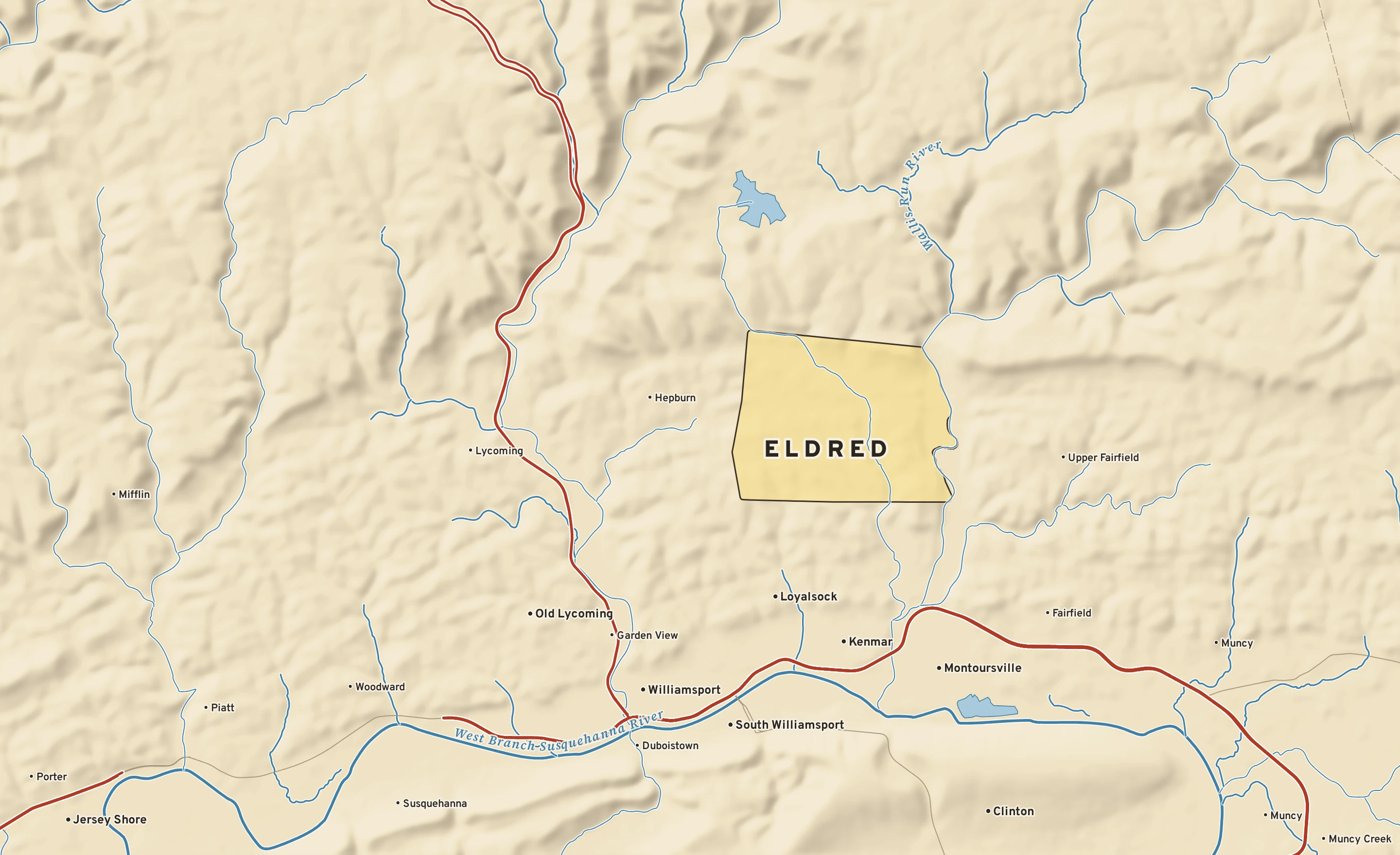 Shaded-relief atlas plate of Eldred, Pennsylvania: rivers, roads, the city limits and where the water drains.