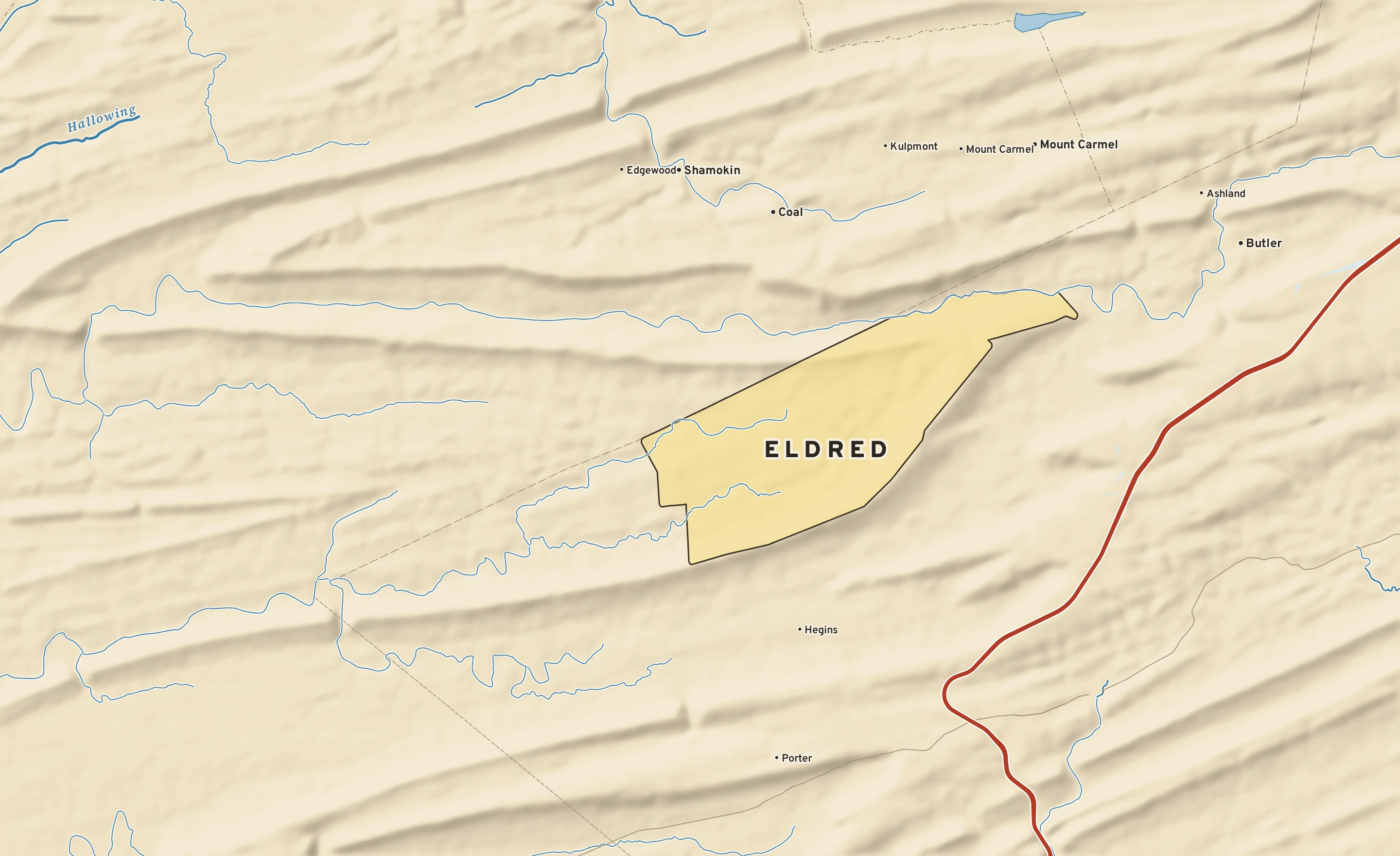 Shaded-relief atlas plate of Eldred, Pennsylvania: rivers, roads, the city limits and where the water drains.