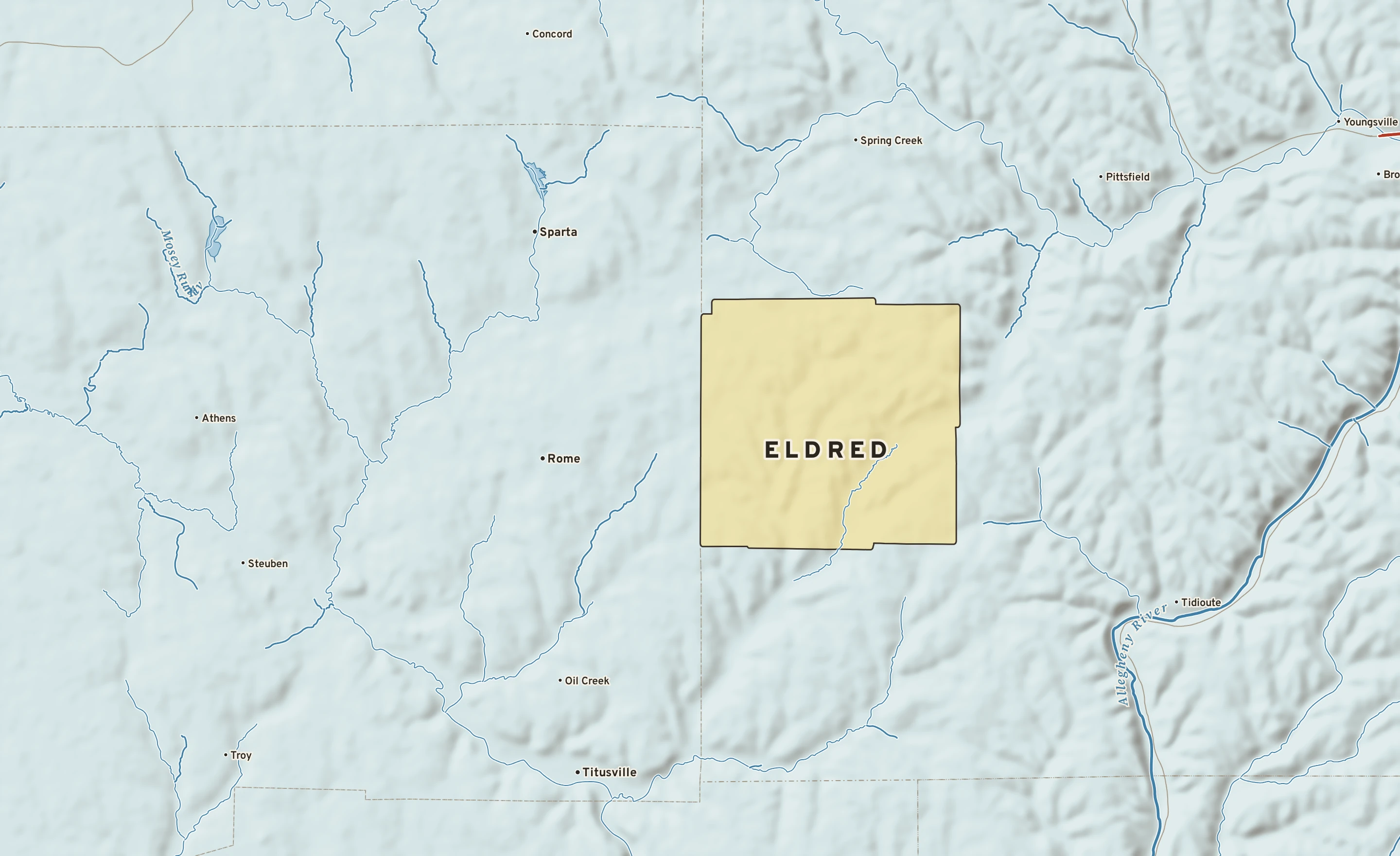 Shaded-relief atlas plate of Eldred, Pennsylvania: rivers, roads, the city limits and where the water drains.
