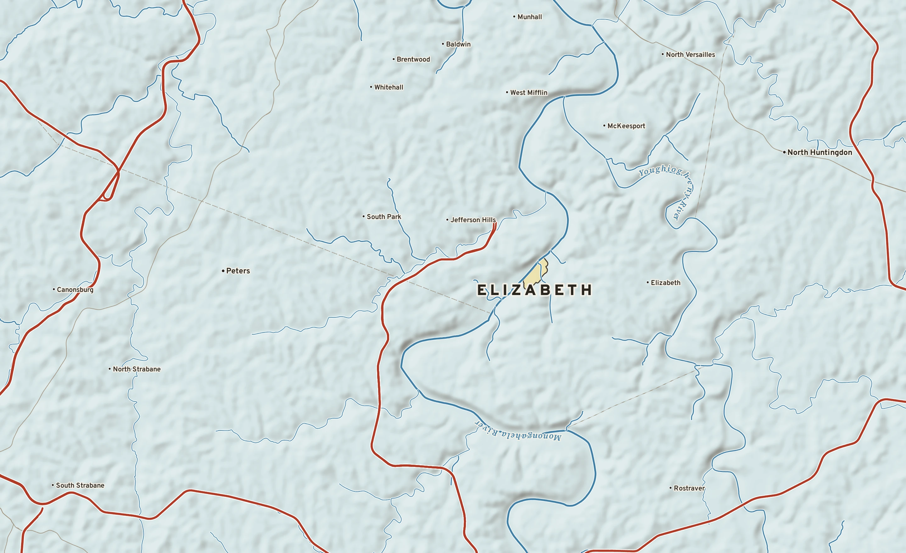 Shaded-relief atlas plate of Elizabeth, Pennsylvania: rivers, roads, the city limits and where the water drains.