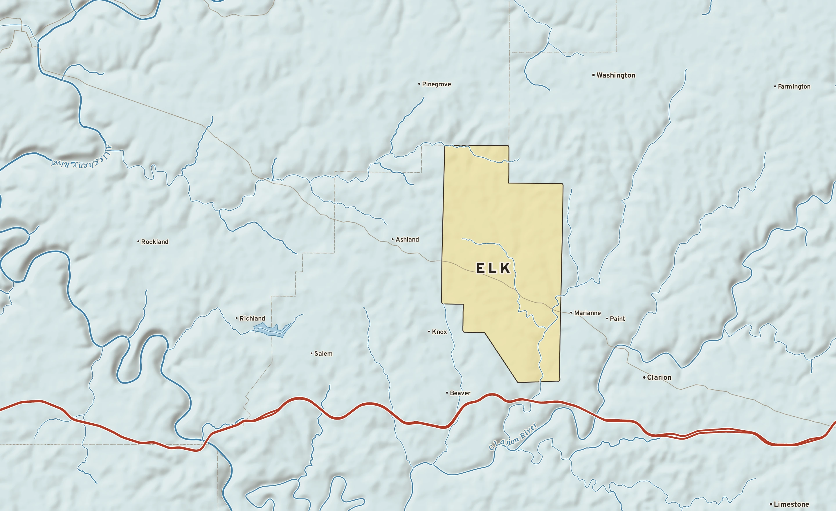 Shaded-relief atlas plate of Elk, Pennsylvania: rivers, roads, the city limits and where the water drains.