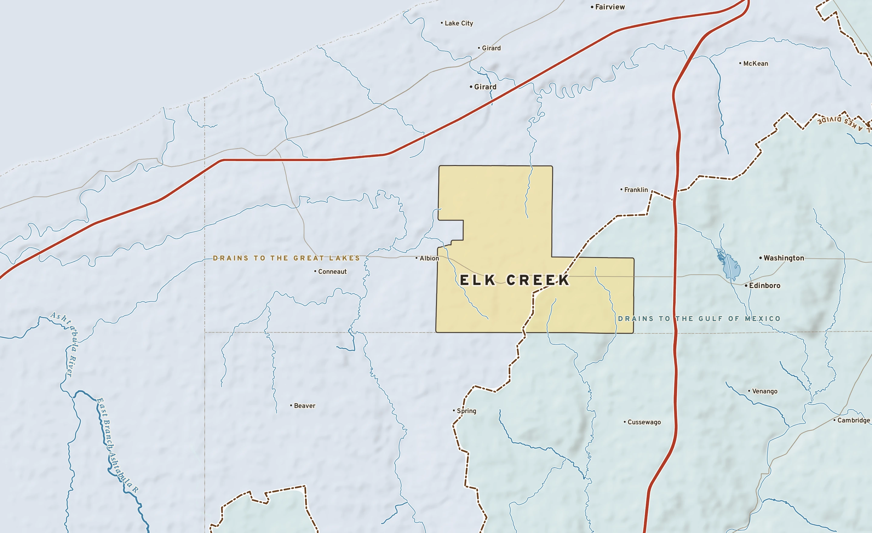 Shaded-relief atlas plate of Elk Creek, Pennsylvania: rivers, roads, the city limits and where the water drains.