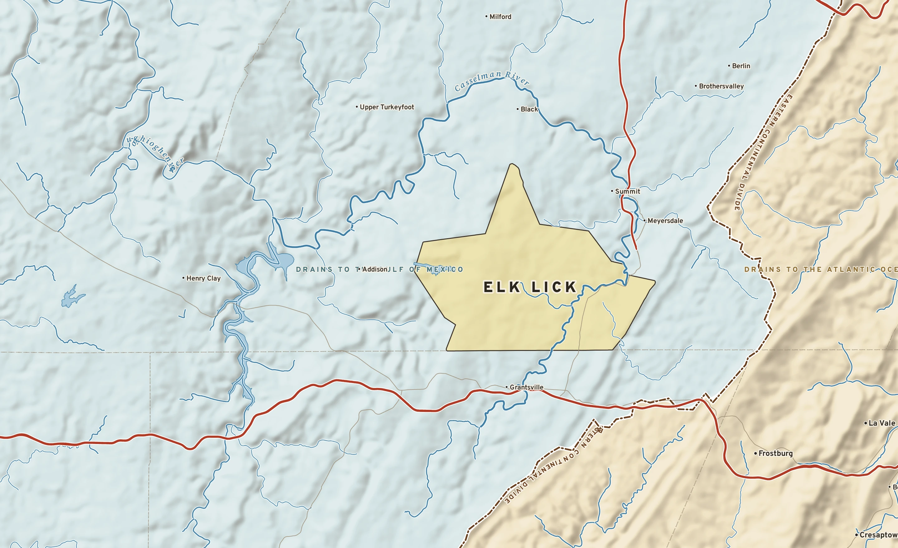 Shaded-relief atlas plate of Elk Lick, Pennsylvania: rivers, roads, the city limits and where the water drains.