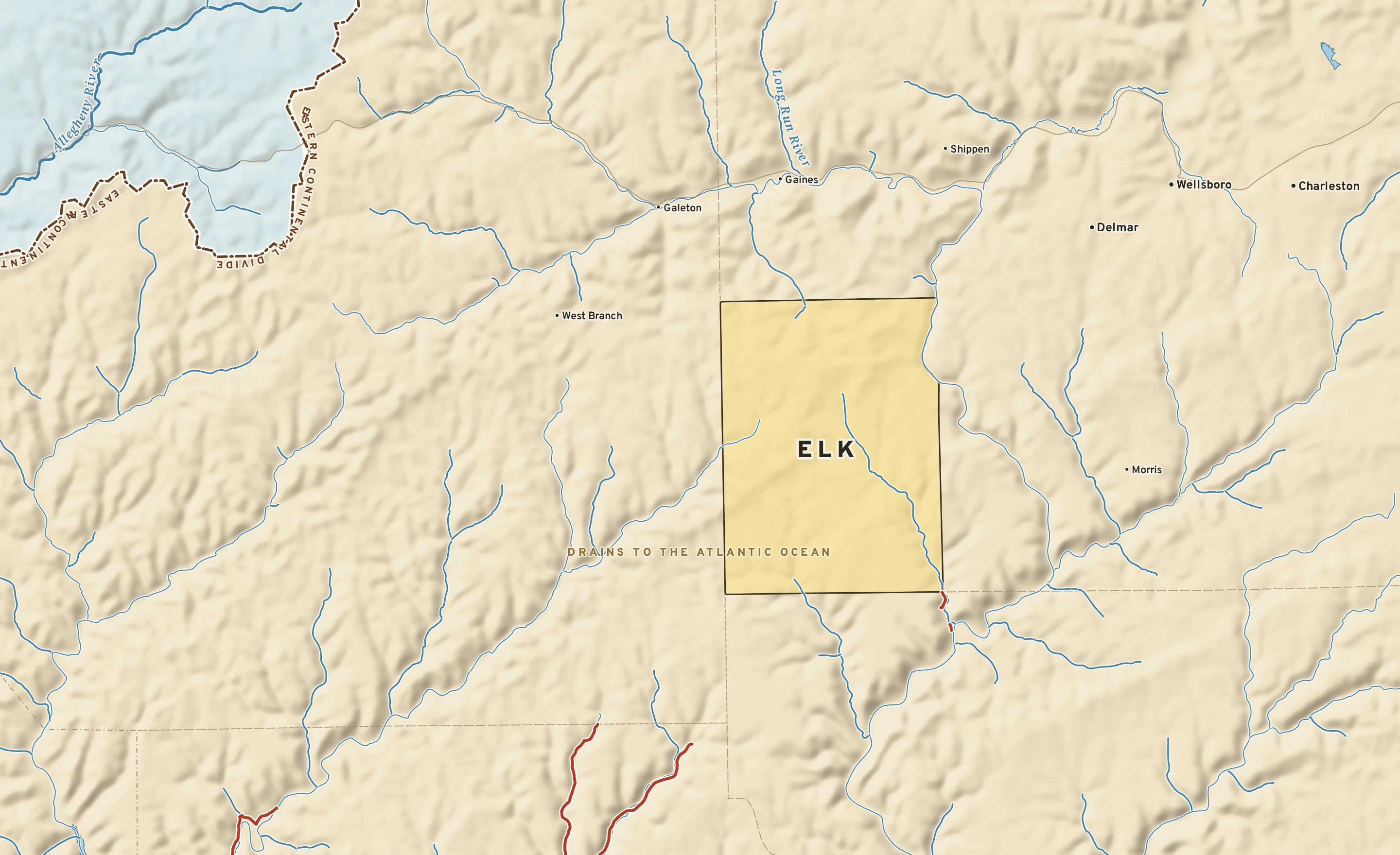 Shaded-relief atlas plate of Elk, Pennsylvania: rivers, roads, the city limits and where the water drains.