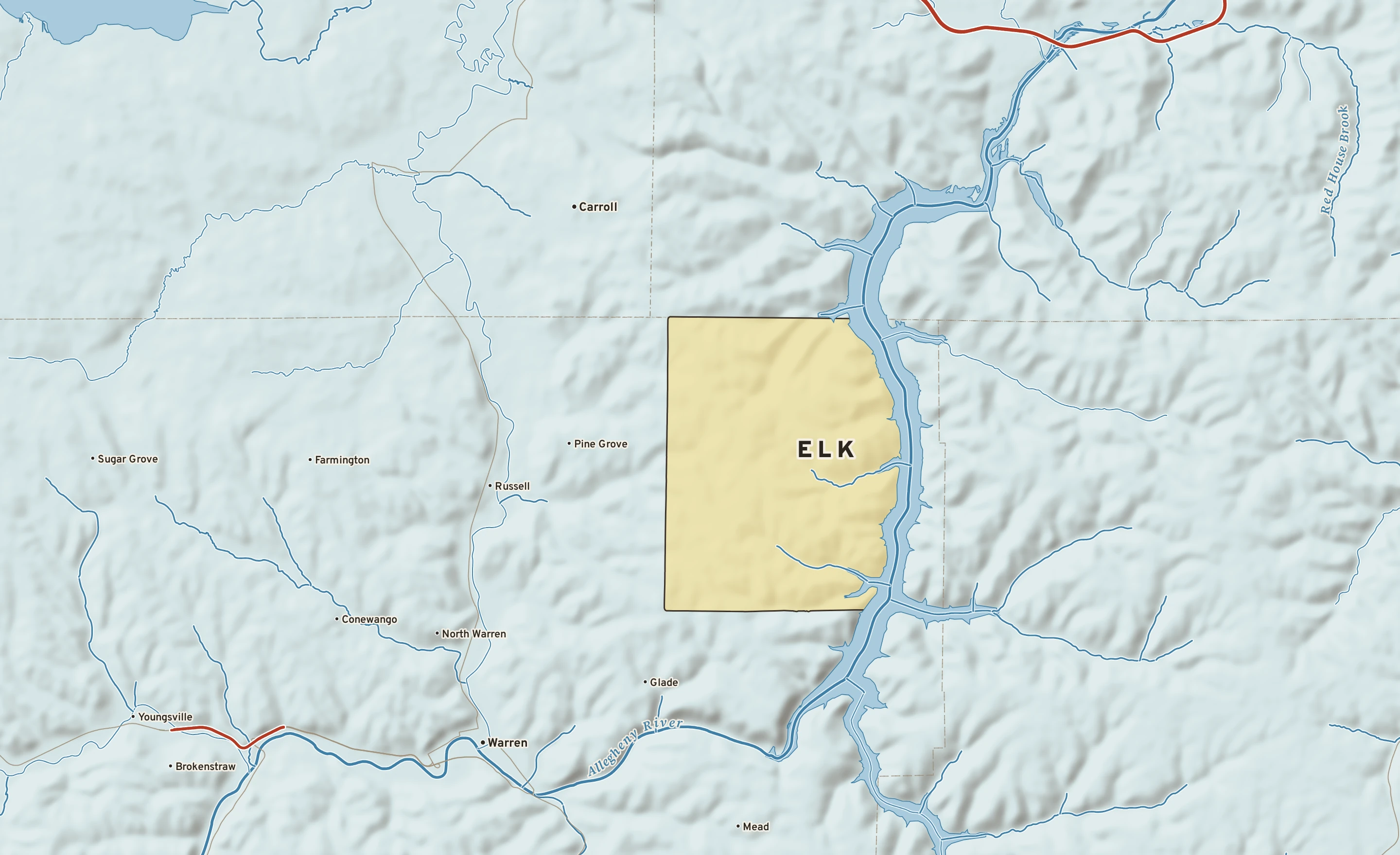 Shaded-relief atlas plate of Elk, Pennsylvania: rivers, roads, the city limits and where the water drains.