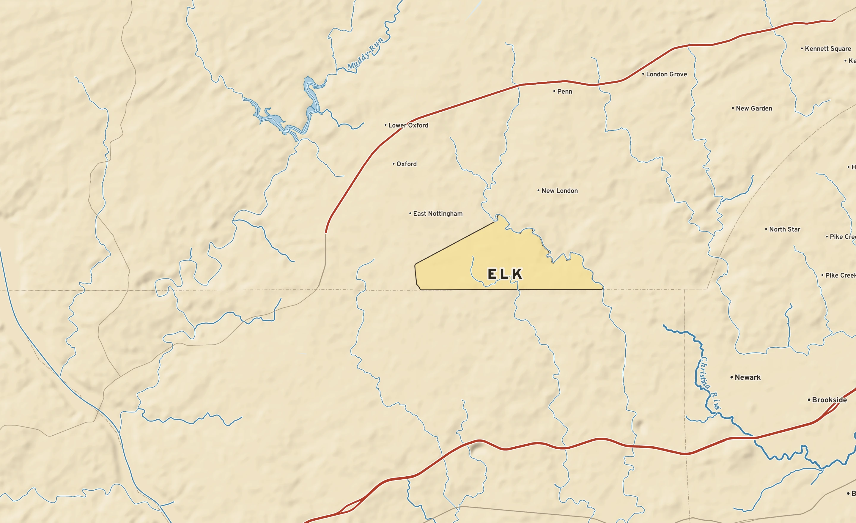 Shaded-relief atlas plate of Elk, Pennsylvania: rivers, roads, the city limits and where the water drains.
