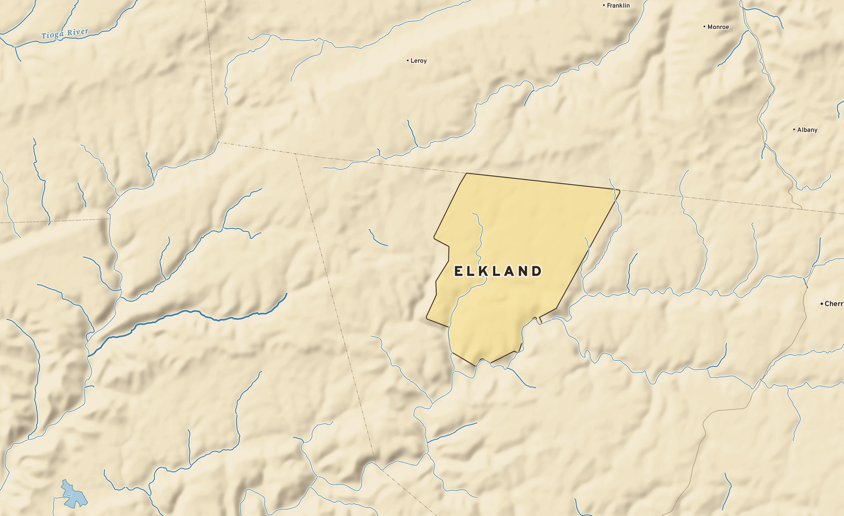 Shaded-relief atlas plate of Elkland, Pennsylvania: rivers, roads, the city limits and where the water drains.