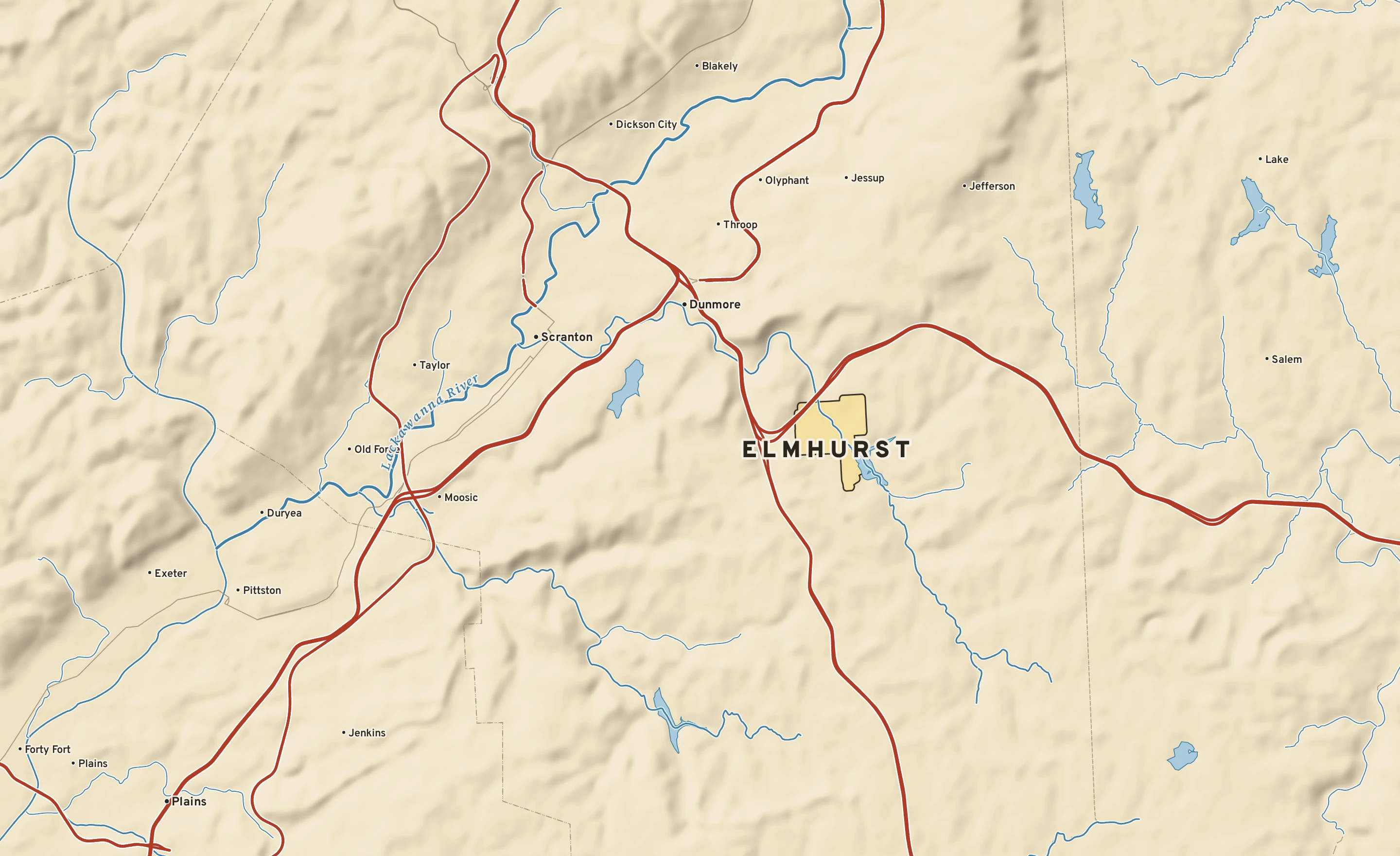 Shaded-relief atlas plate of Elmhurst, Pennsylvania: rivers, roads, the city limits and where the water drains.
