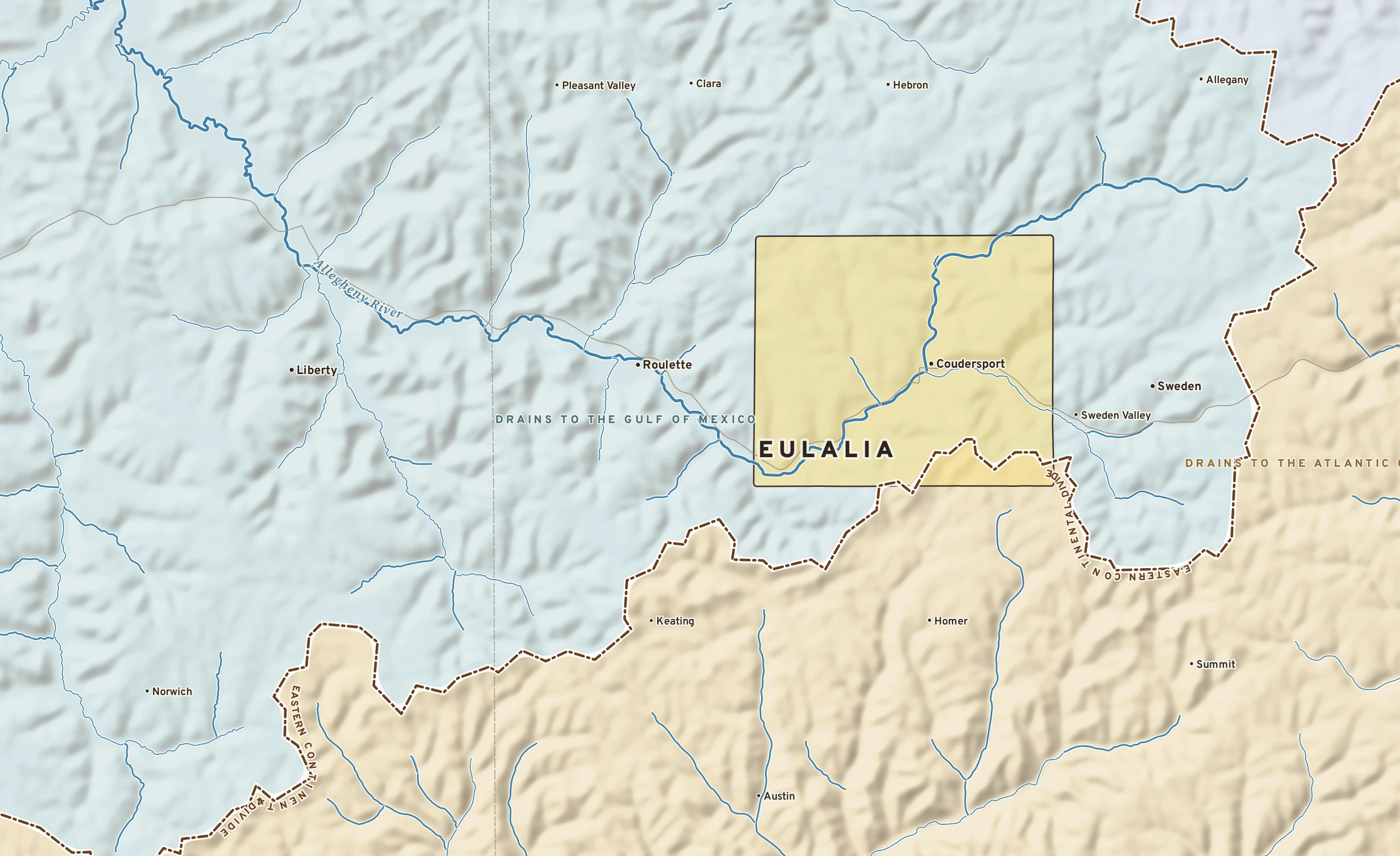 Shaded-relief atlas plate of Eulalia, Pennsylvania: rivers, roads, the city limits and where the water drains.