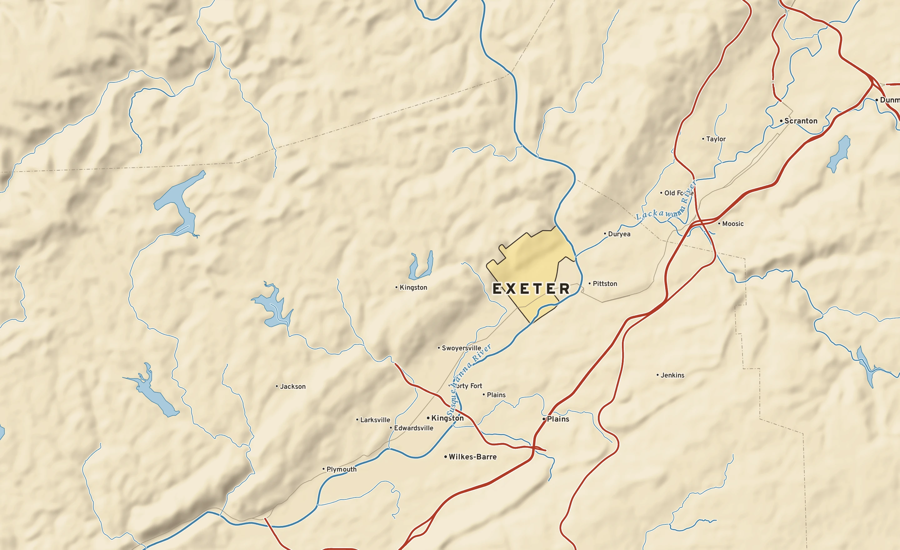 Shaded-relief atlas plate of Exeter, Pennsylvania: rivers, roads, the city limits and where the water drains.
