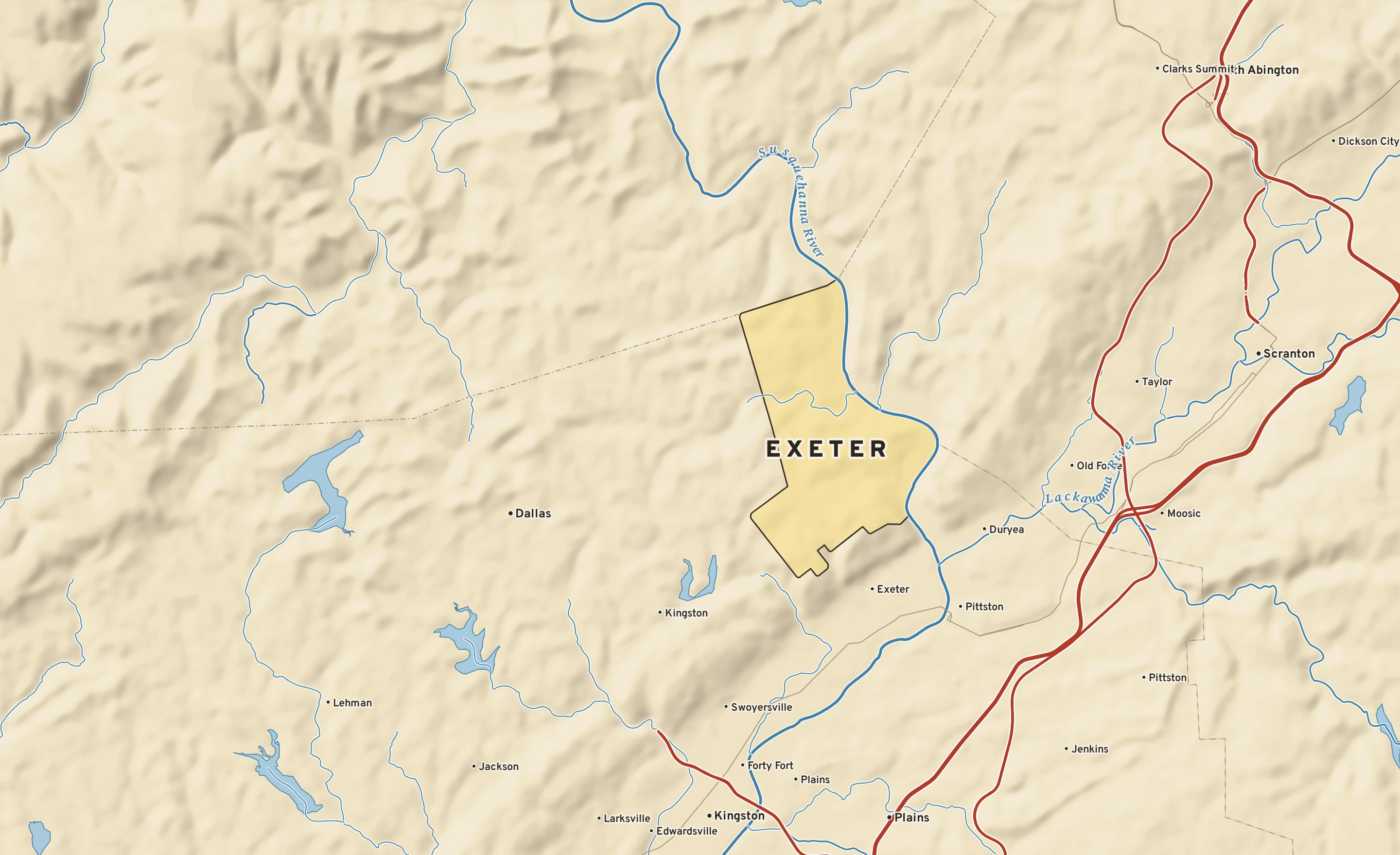 Shaded-relief atlas plate of Exeter, Pennsylvania: rivers, roads, the city limits and where the water drains.