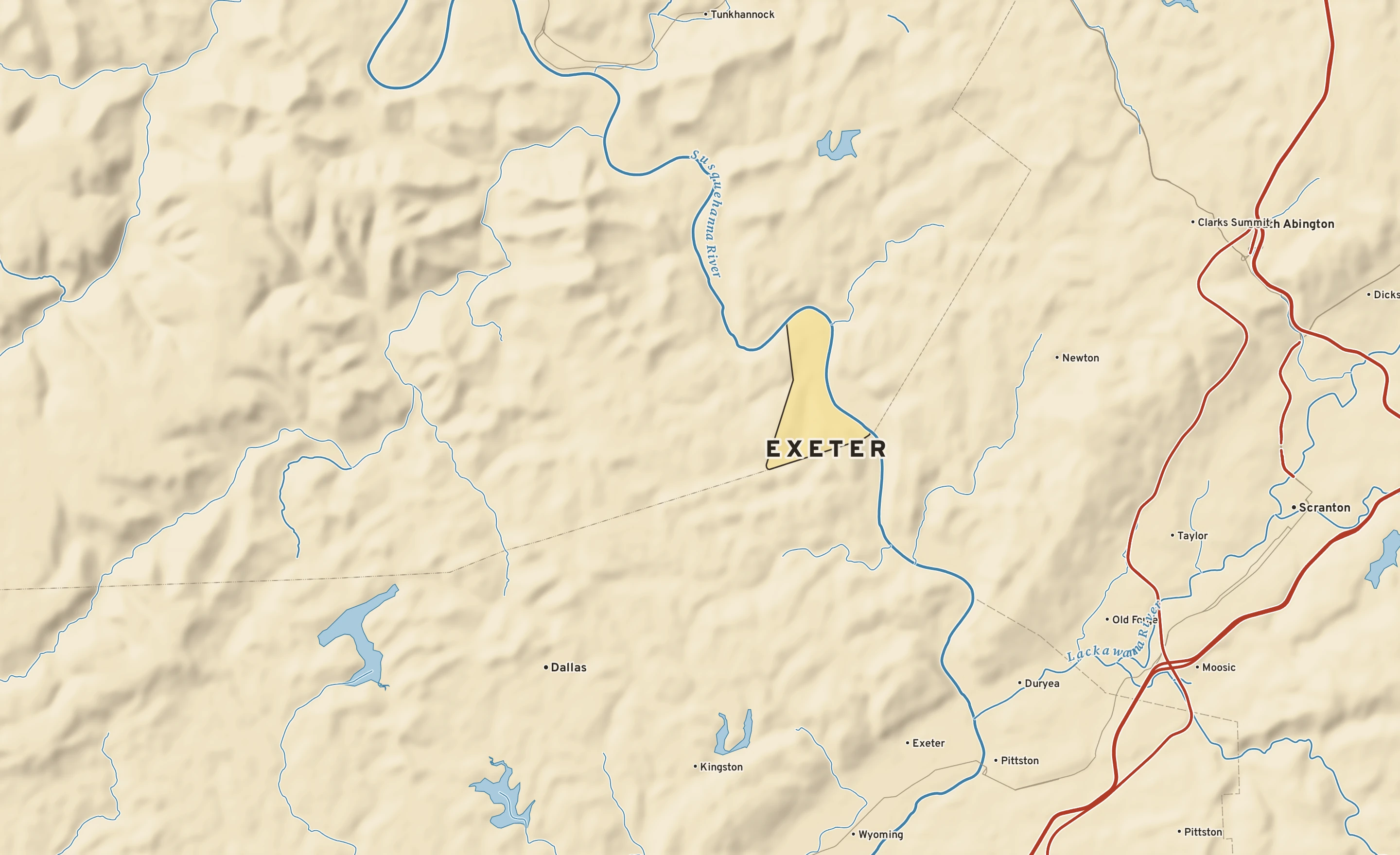 Shaded-relief atlas plate of Exeter, Pennsylvania: rivers, roads, the city limits and where the water drains.