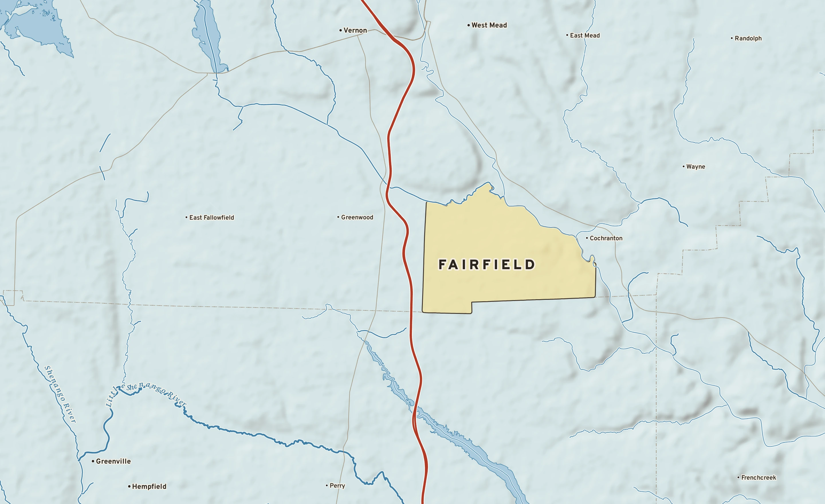 Shaded-relief atlas plate of Fairfield, Pennsylvania: rivers, roads, the city limits and where the water drains.