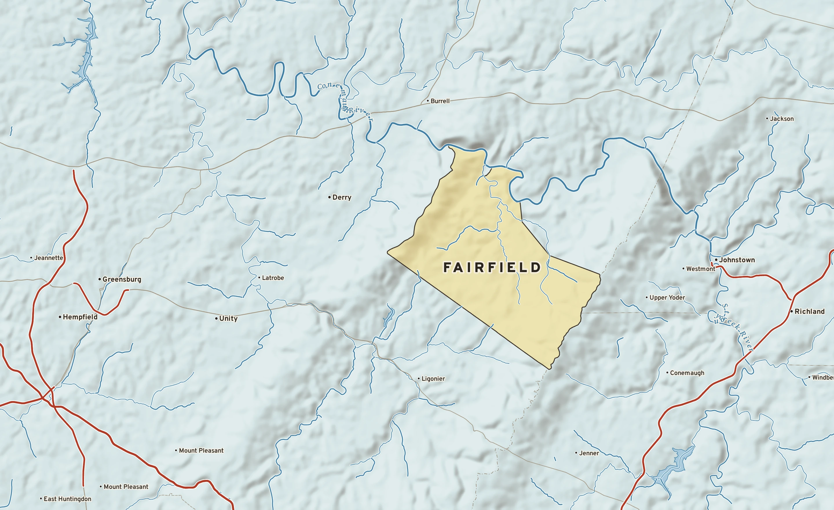 Shaded-relief atlas plate of Fairfield, Pennsylvania: rivers, roads, the city limits and where the water drains.