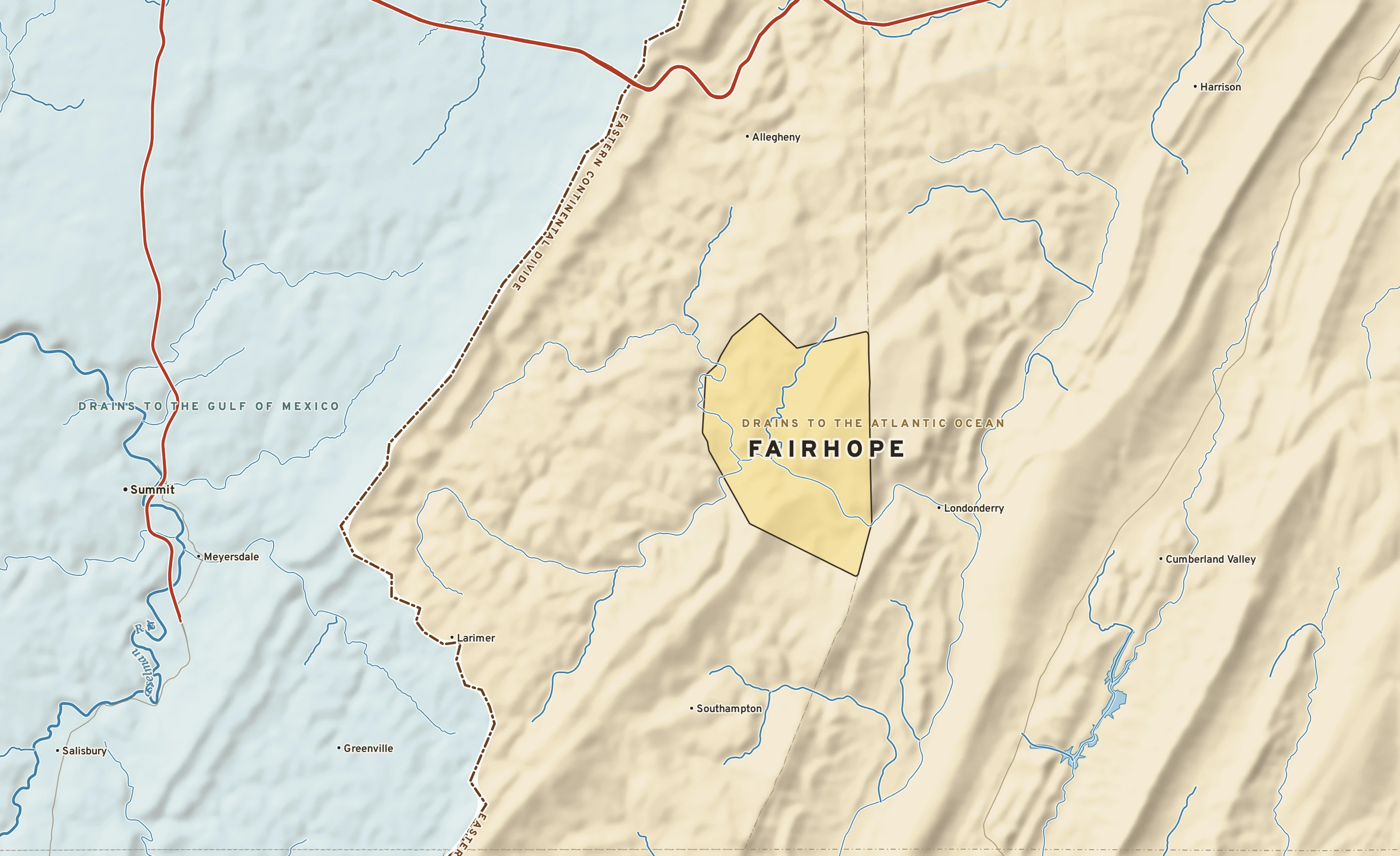 Shaded-relief atlas plate of Fairhope, Pennsylvania: rivers, roads, the city limits and where the water drains.