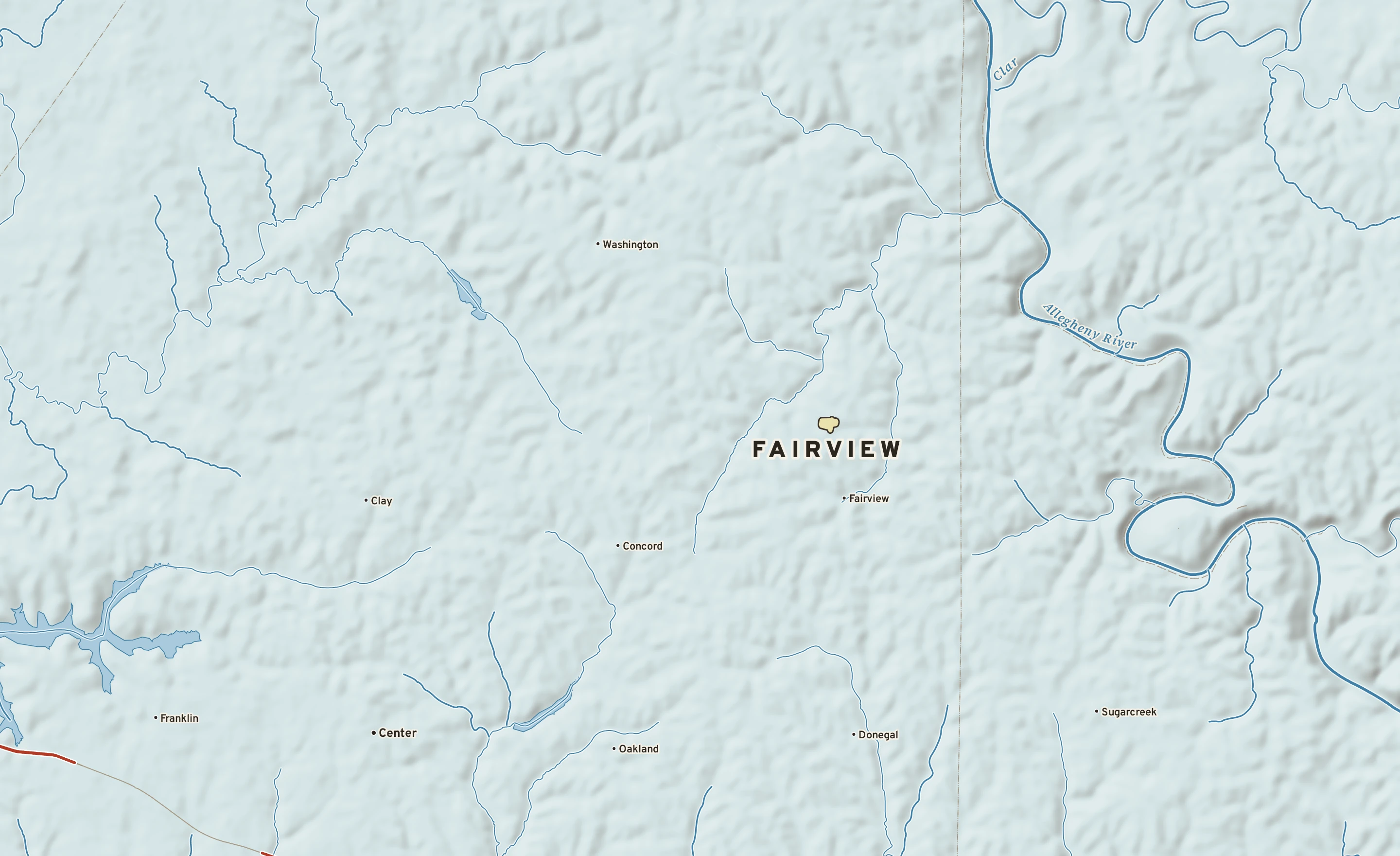 Shaded-relief atlas plate of Fairview, Pennsylvania: rivers, roads, the city limits and where the water drains.