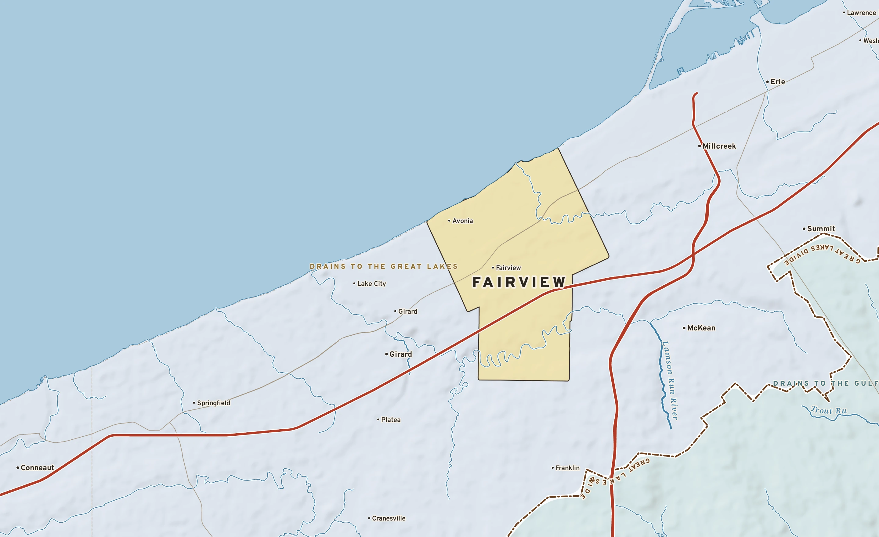 Shaded-relief atlas plate of Fairview, Pennsylvania: rivers, roads, the city limits and where the water drains.