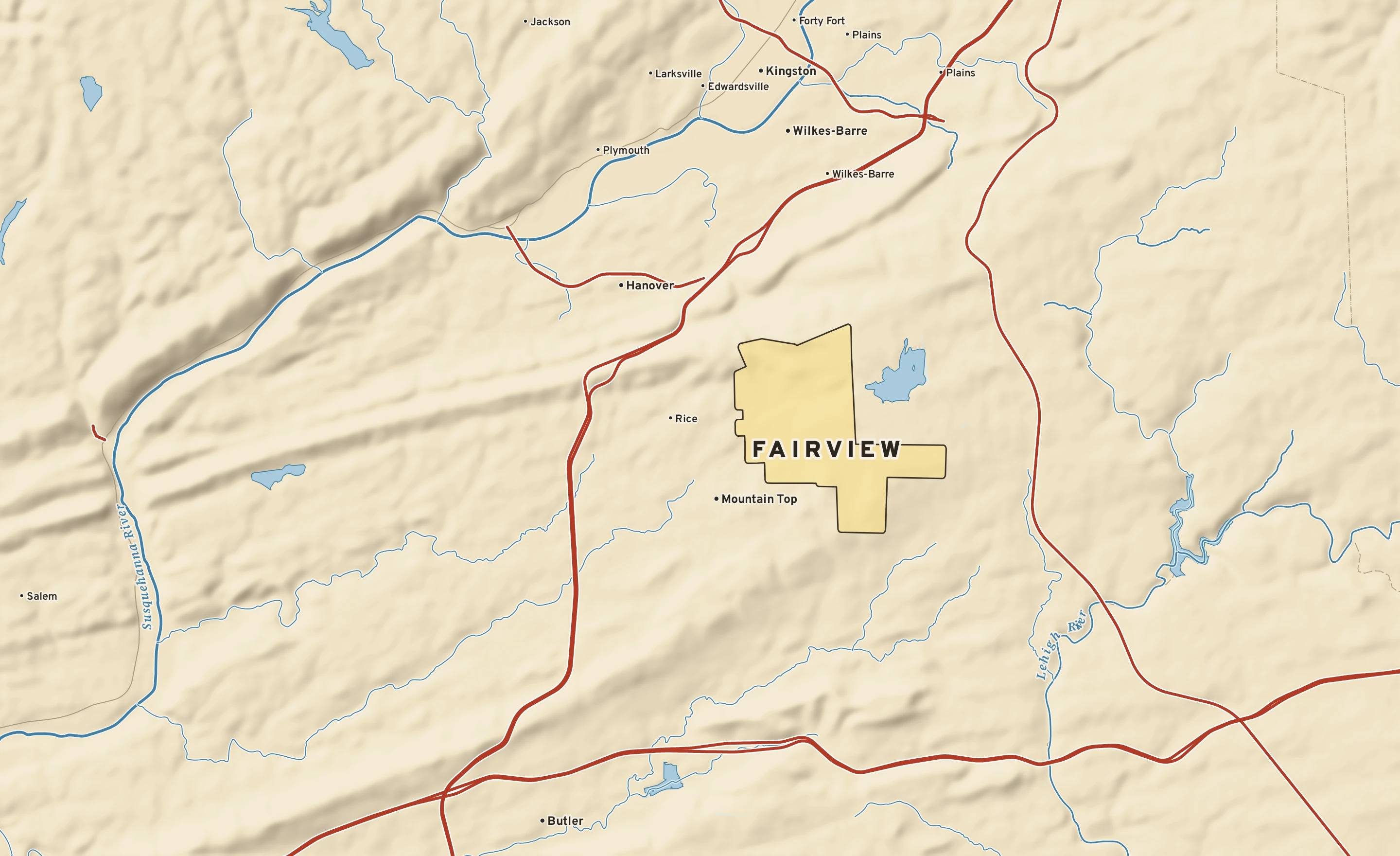 Shaded-relief atlas plate of Fairview, Pennsylvania: rivers, roads, the city limits and where the water drains.