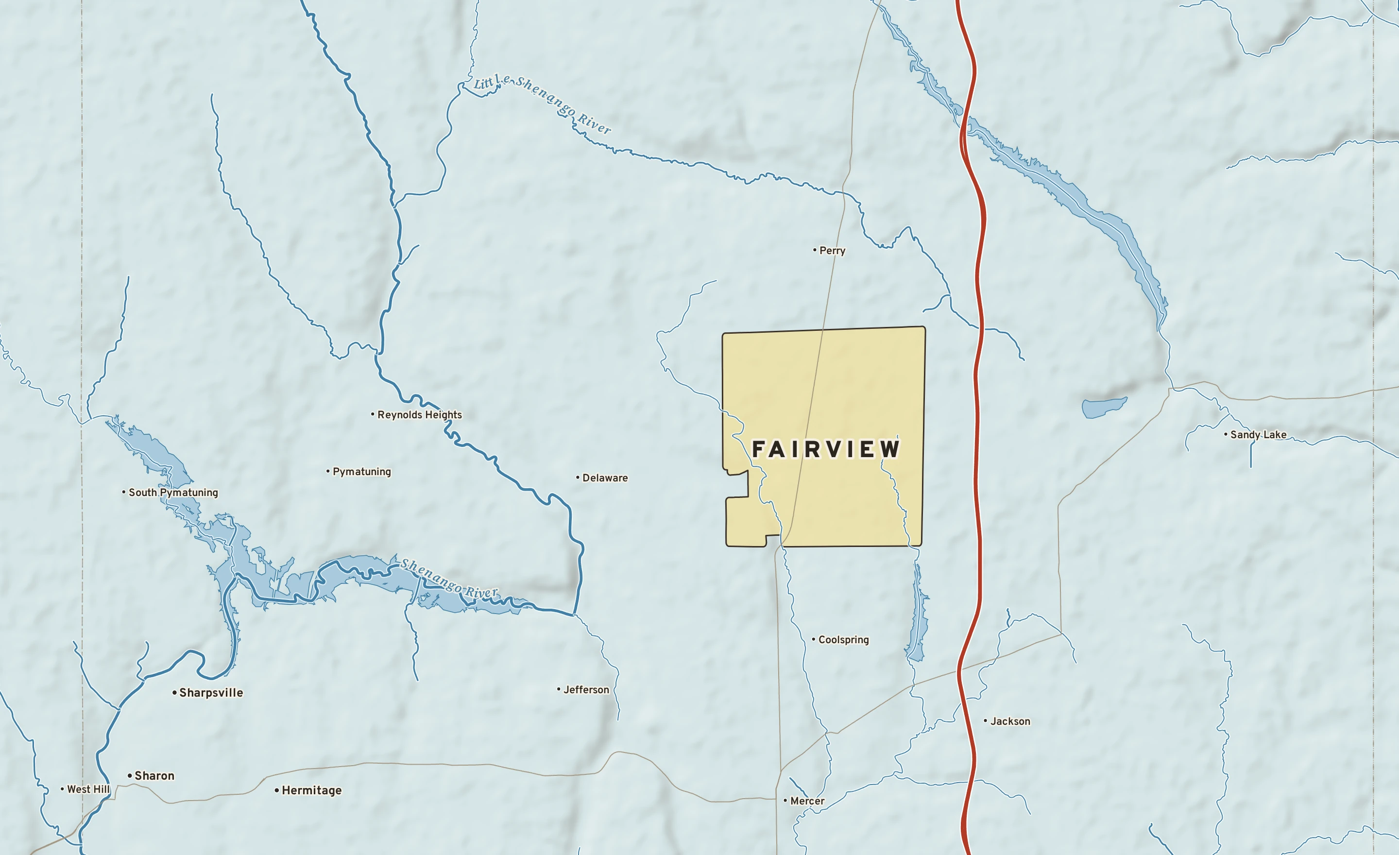 Shaded-relief atlas plate of Fairview, Pennsylvania: rivers, roads, the city limits and where the water drains.
