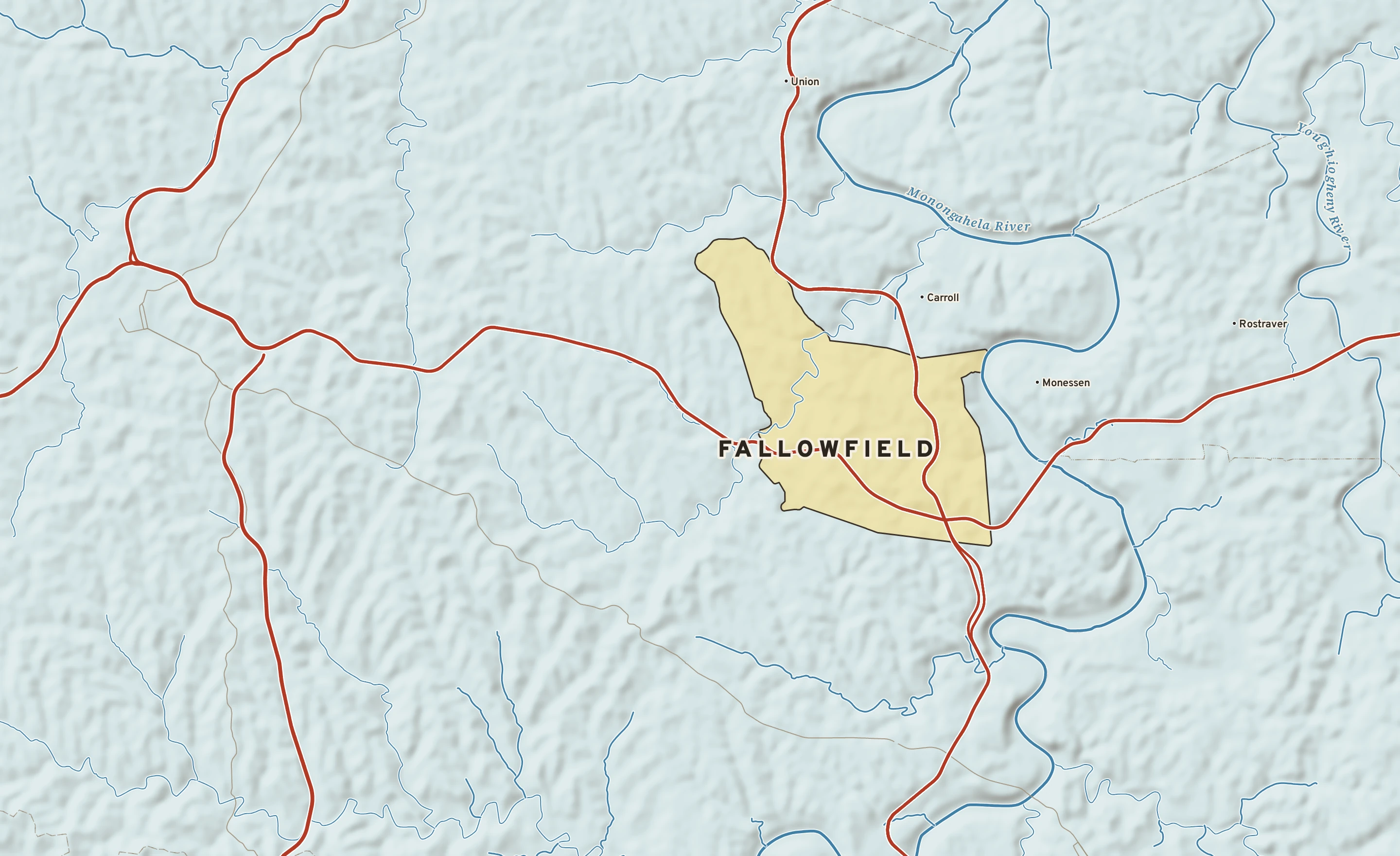 Shaded-relief atlas plate of Fallowfield, Pennsylvania: rivers, roads, the city limits and where the water drains.