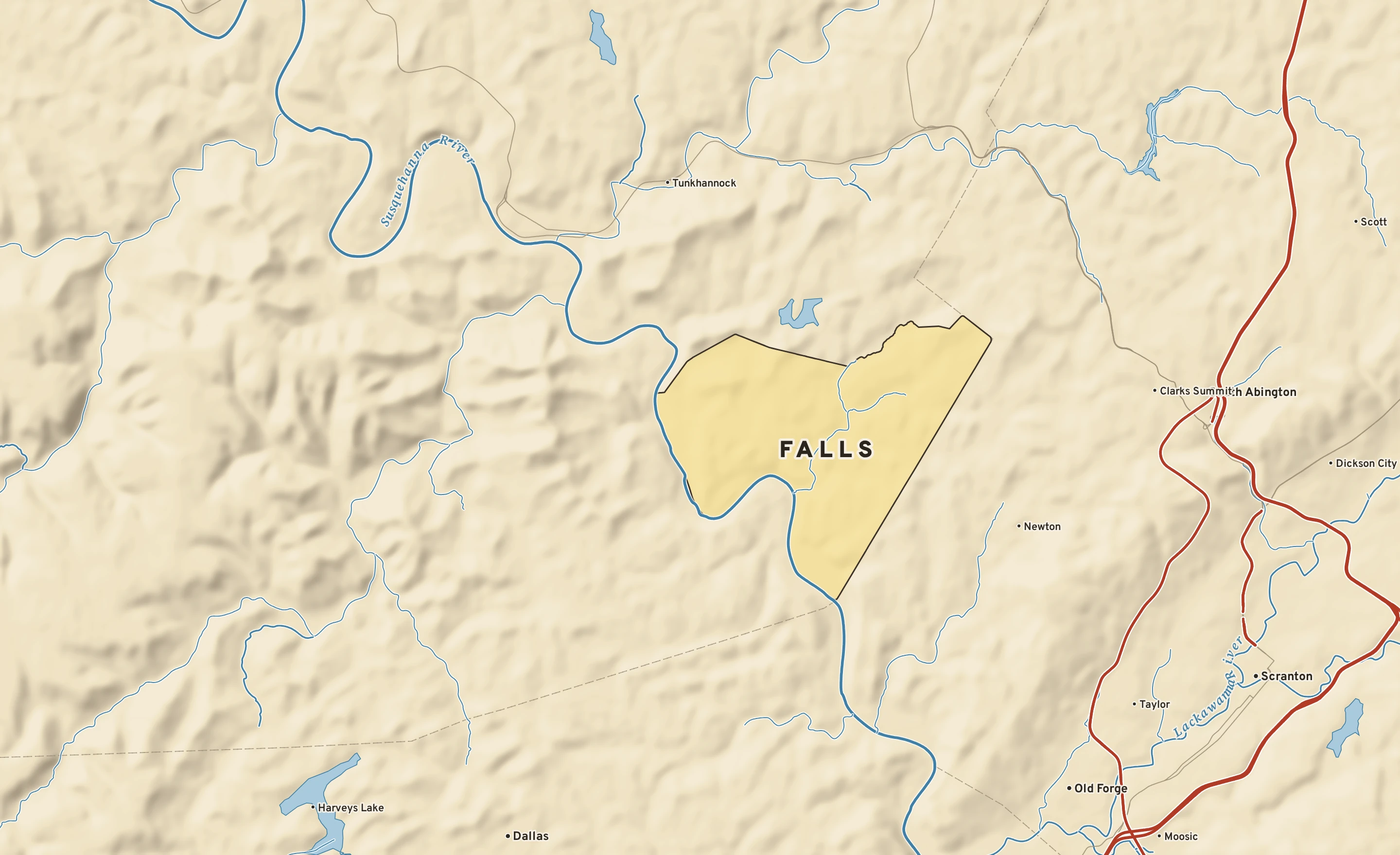 Shaded-relief atlas plate of Falls, Pennsylvania: rivers, roads, the city limits and where the water drains.