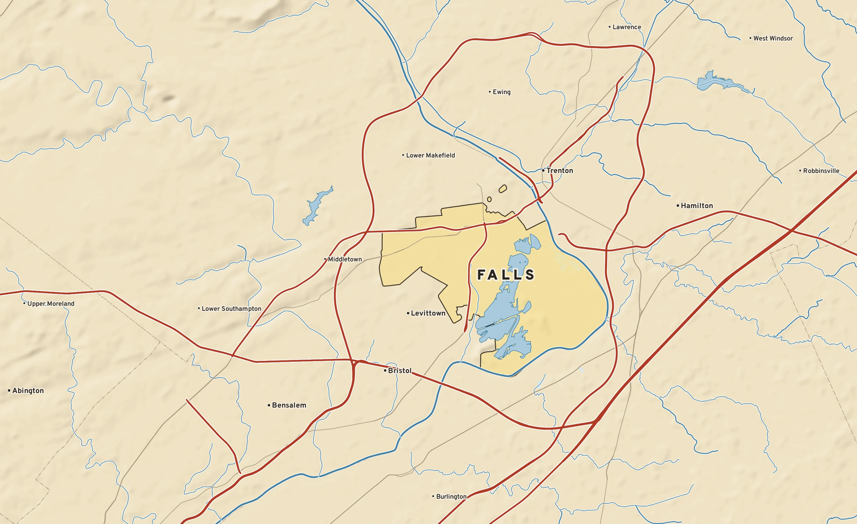 Shaded-relief atlas plate of Falls, Pennsylvania: rivers, roads, the city limits and where the water drains.