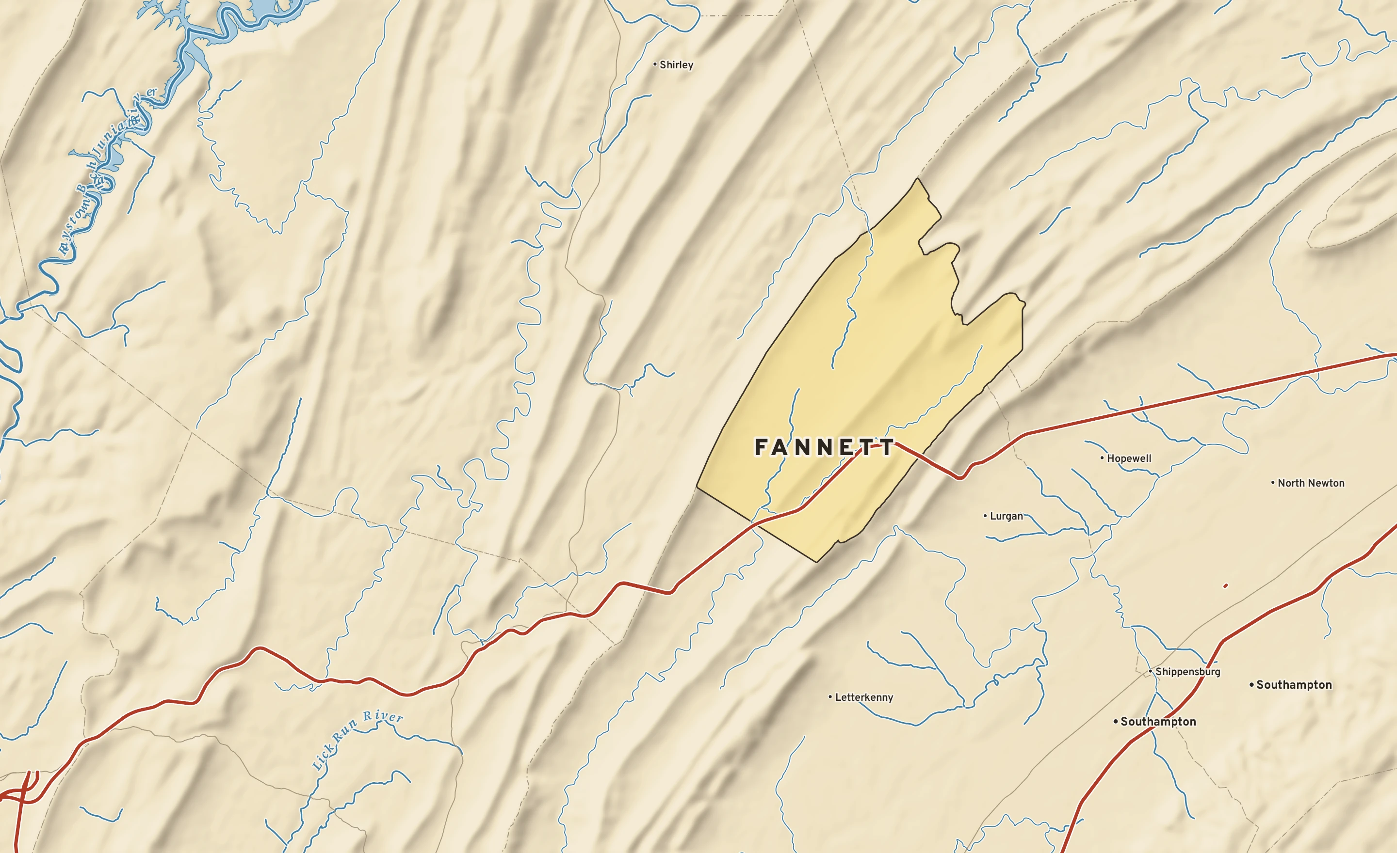 Shaded-relief atlas plate of Fannett, Pennsylvania: rivers, roads, the city limits and where the water drains.
