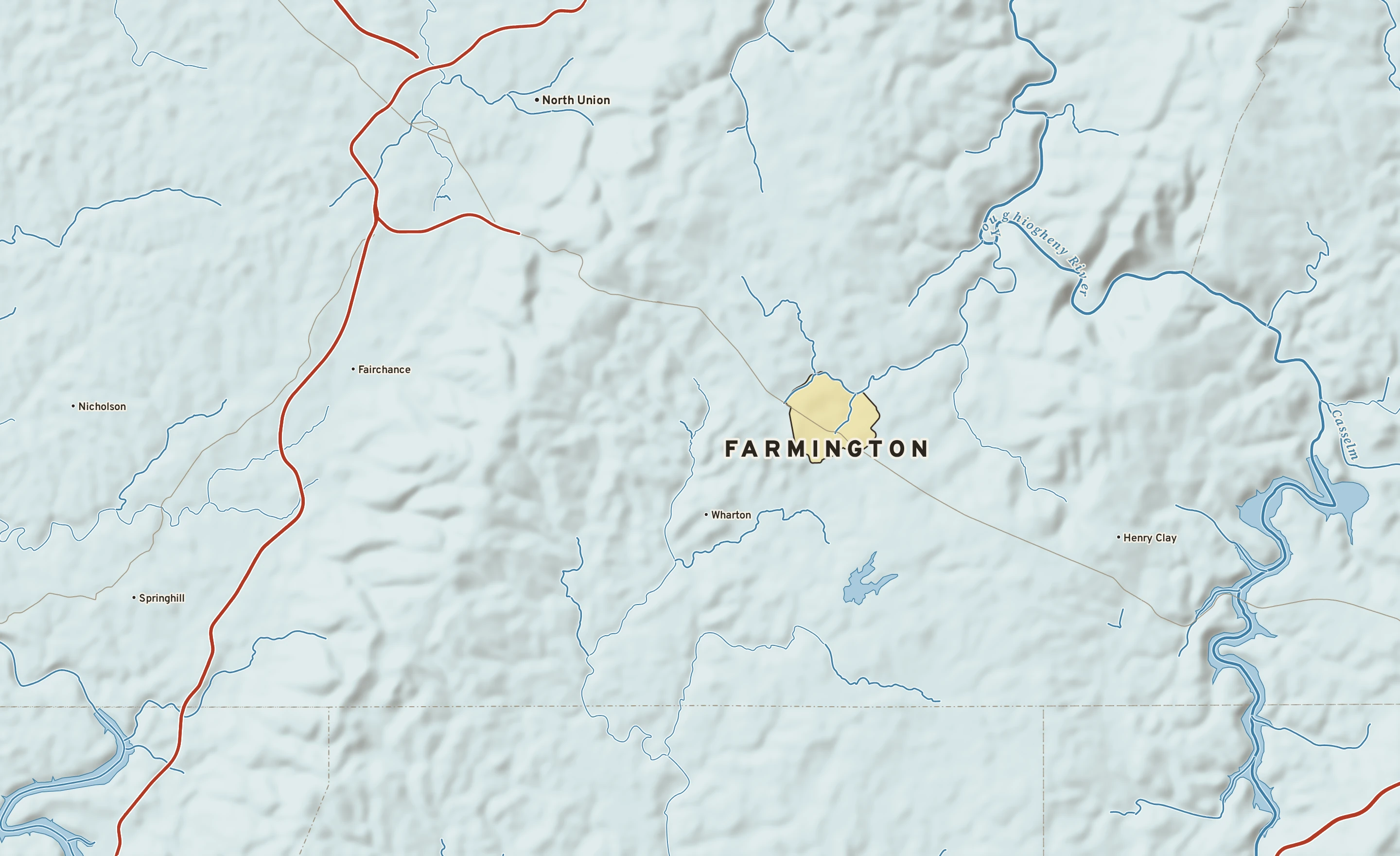 Shaded-relief atlas plate of Farmington, Pennsylvania: rivers, roads, the city limits and where the water drains.
