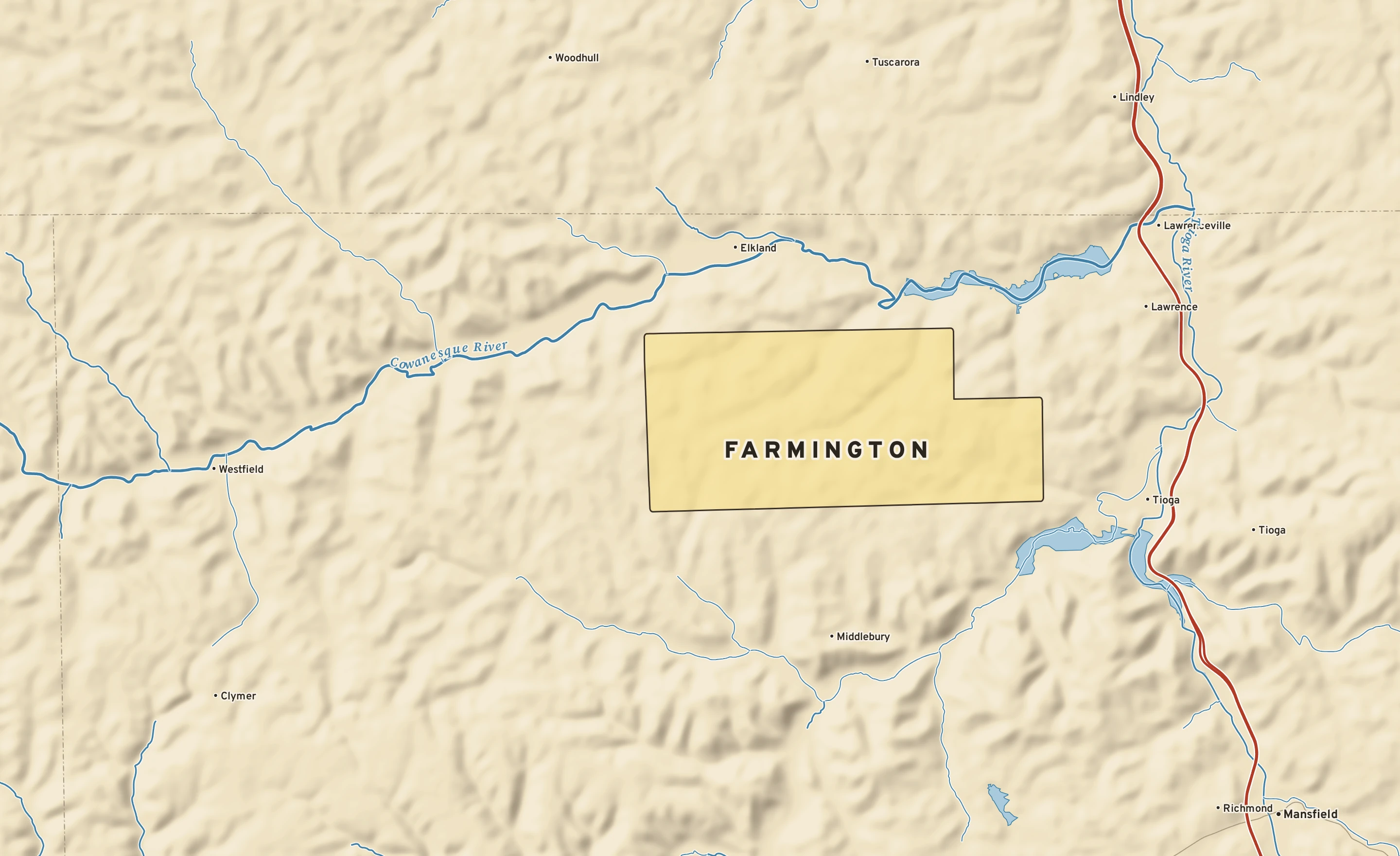 Shaded-relief atlas plate of Farmington, Pennsylvania: rivers, roads, the city limits and where the water drains.