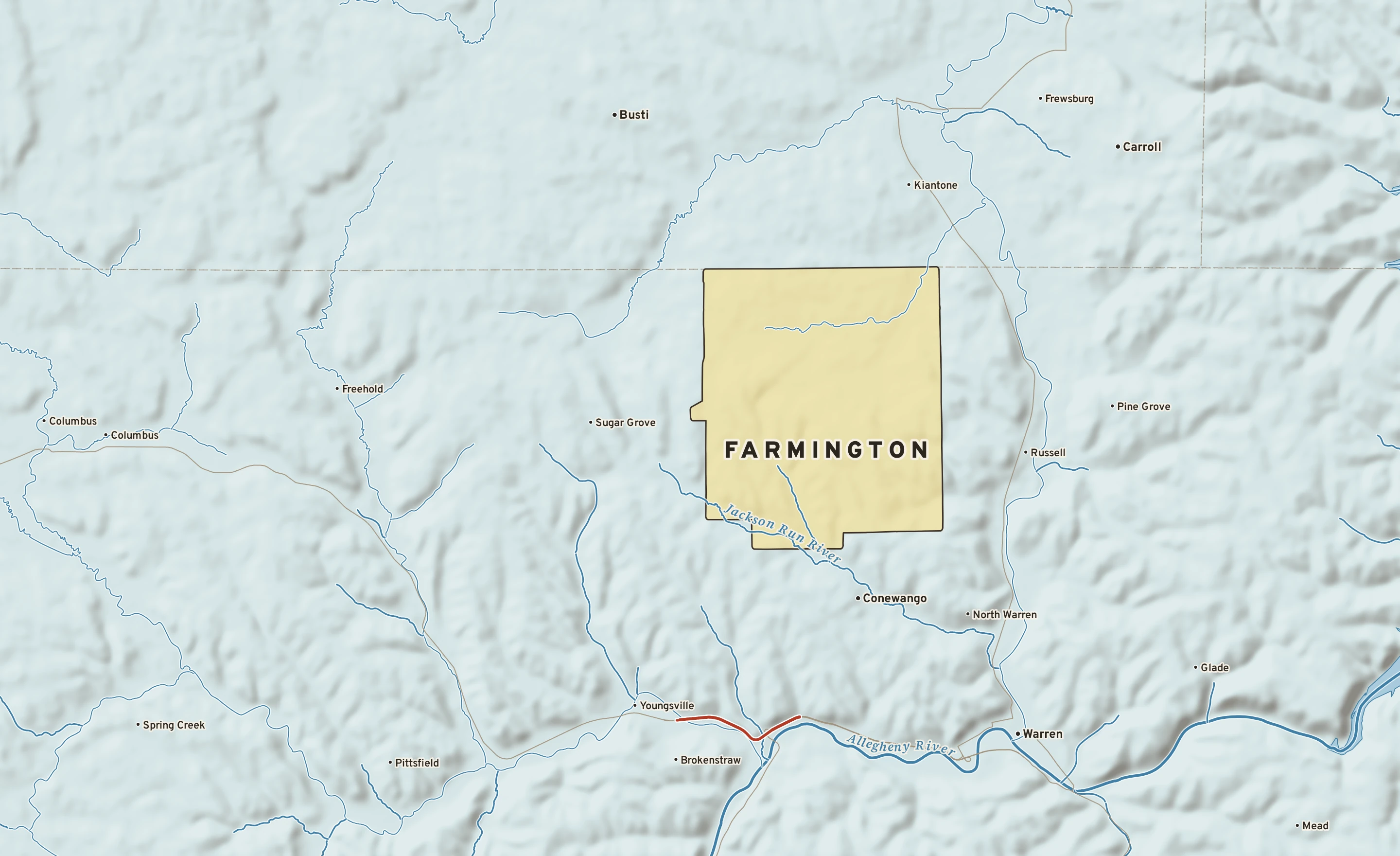 Shaded-relief atlas plate of Farmington, Pennsylvania: rivers, roads, the city limits and where the water drains.