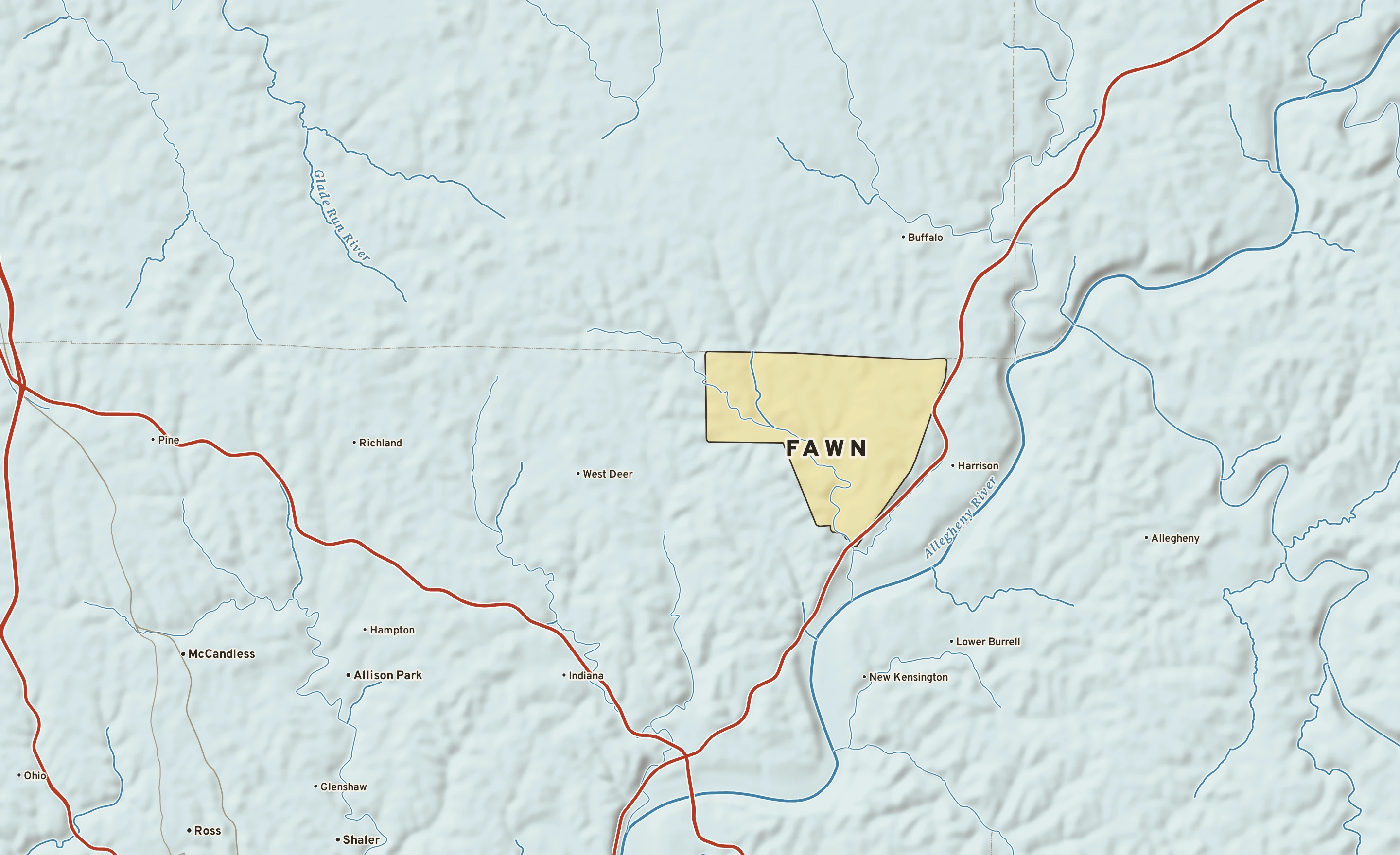 Shaded-relief atlas plate of Fawn, Pennsylvania: rivers, roads, the city limits and where the water drains.