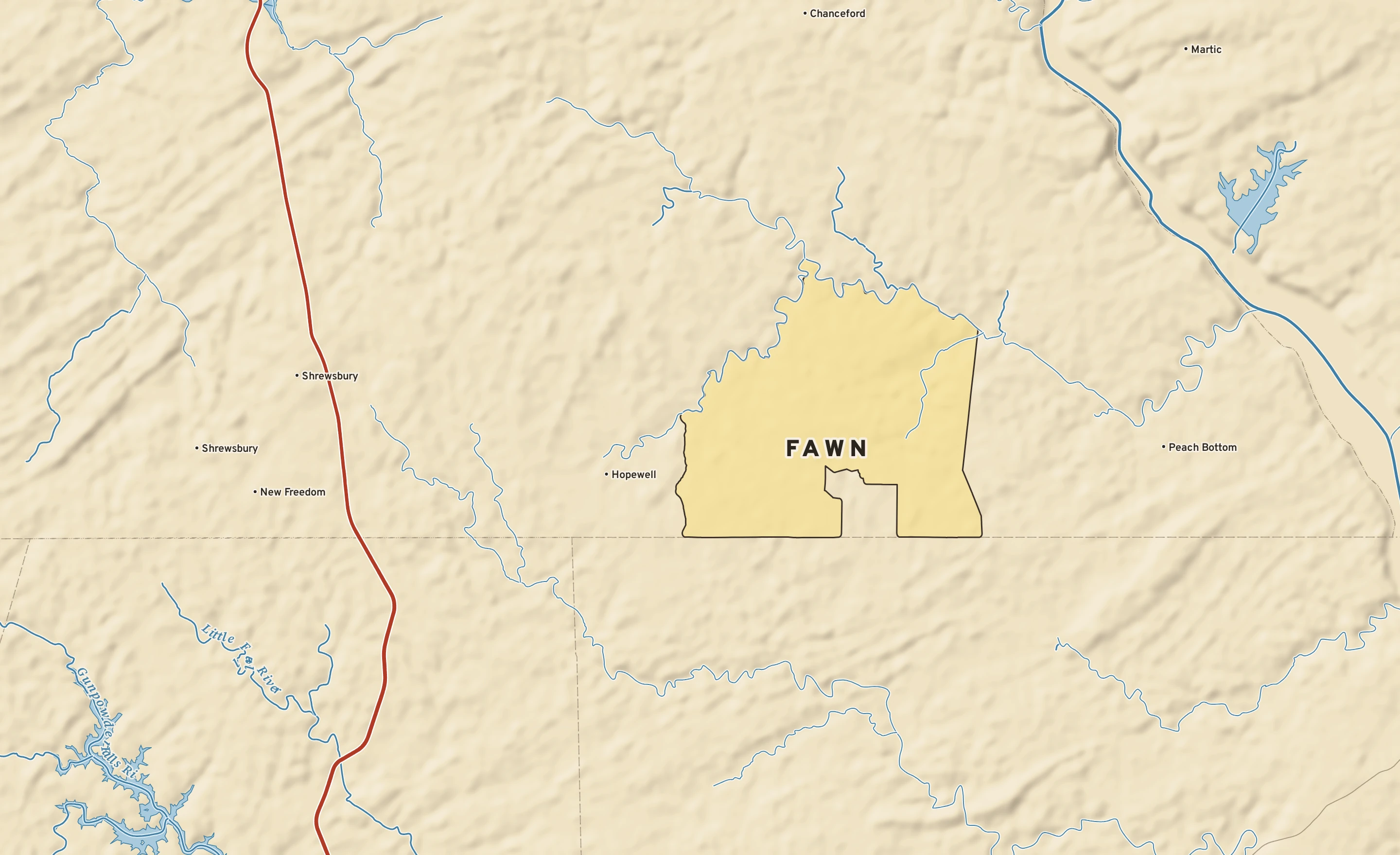 Shaded-relief atlas plate of Fawn, Pennsylvania: rivers, roads, the city limits and where the water drains.