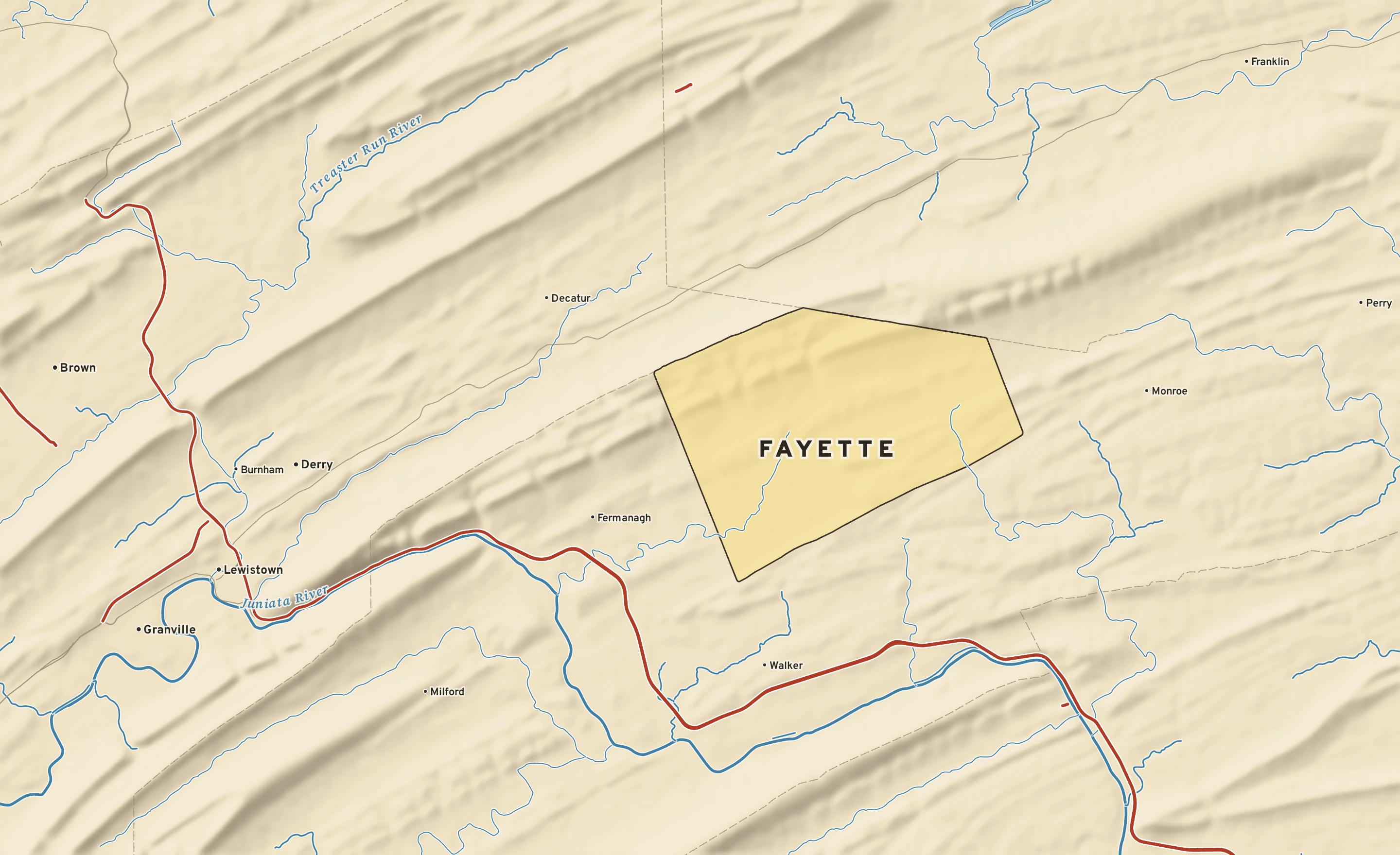 Shaded-relief atlas plate of Fayette, Pennsylvania: rivers, roads, the city limits and where the water drains.