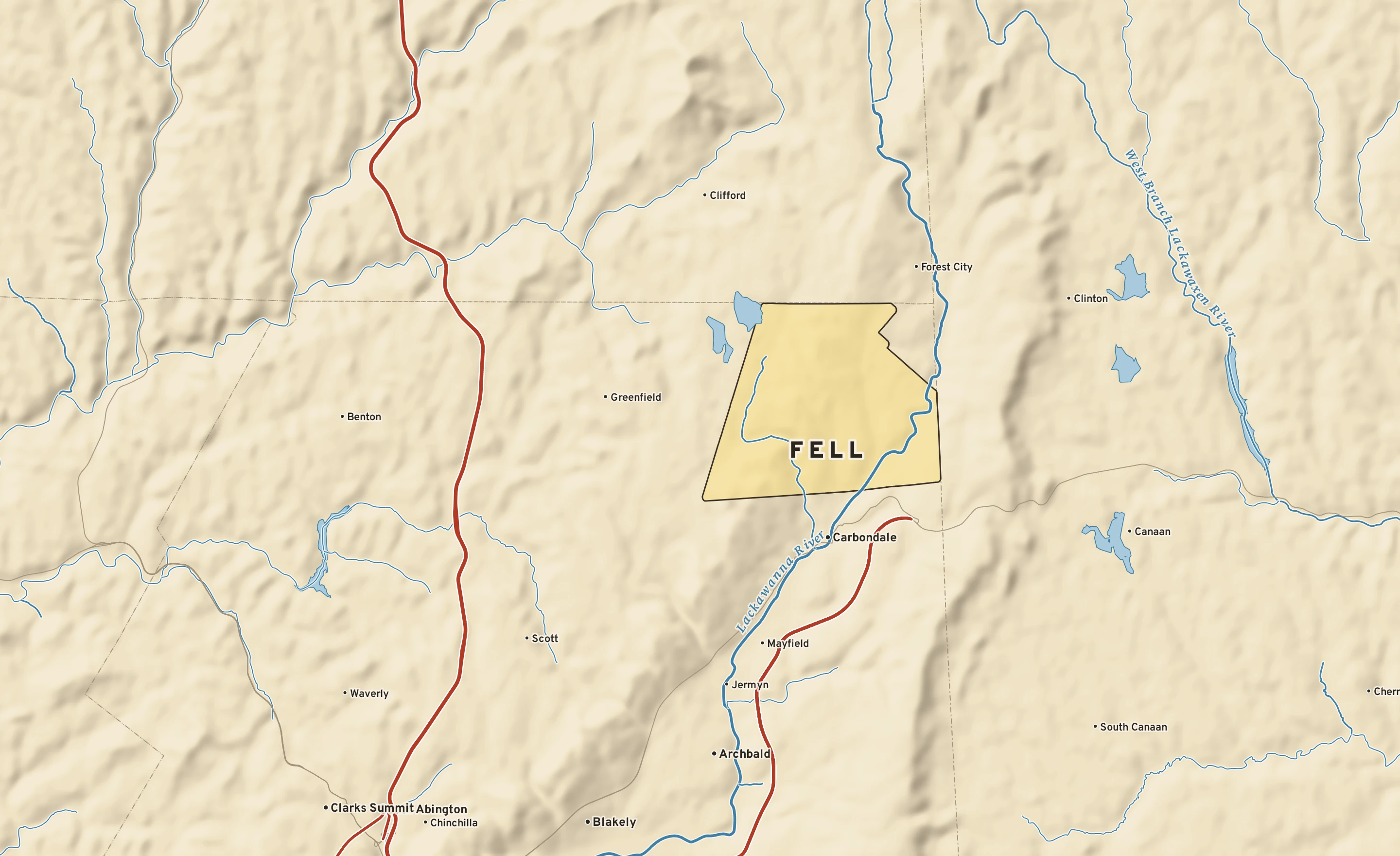 Shaded-relief atlas plate of Fell, Pennsylvania: rivers, roads, the city limits and where the water drains.